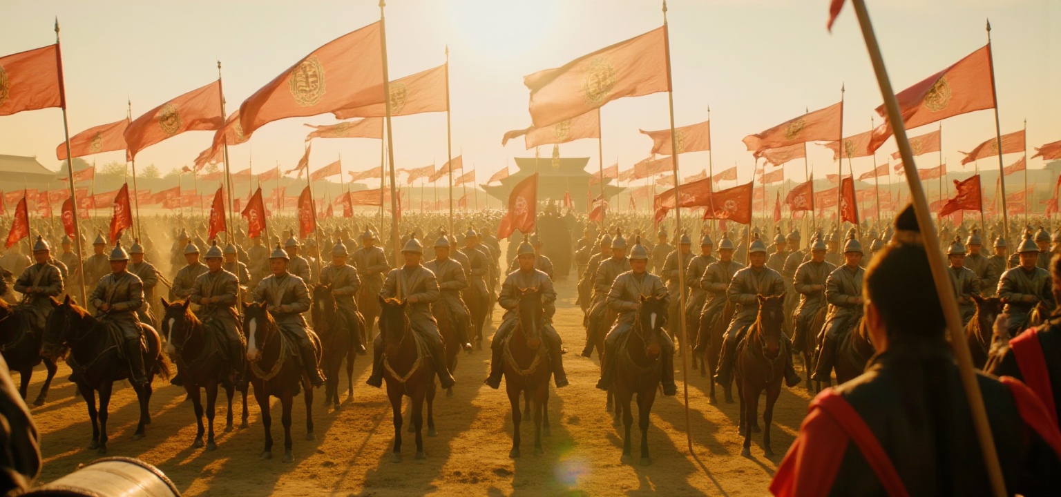 Color style,wuxia style,On a vast plain,an ancient army stands in orderly formation,ready to face the impending battle.This is a cavalry unit from ancient China. The sun glints off their armor,reflecting a dazzling light that seems to symbolize hope and glory on the battlefield.The army's banners flutter in the wind,emblazoned with the army's insignia and slogans,boosting the soldiers' morale. The thunderous beat of war drums provides the rhythm and signal for the soldiers' actions,ensuring coordinated movement and a formidable presence.,