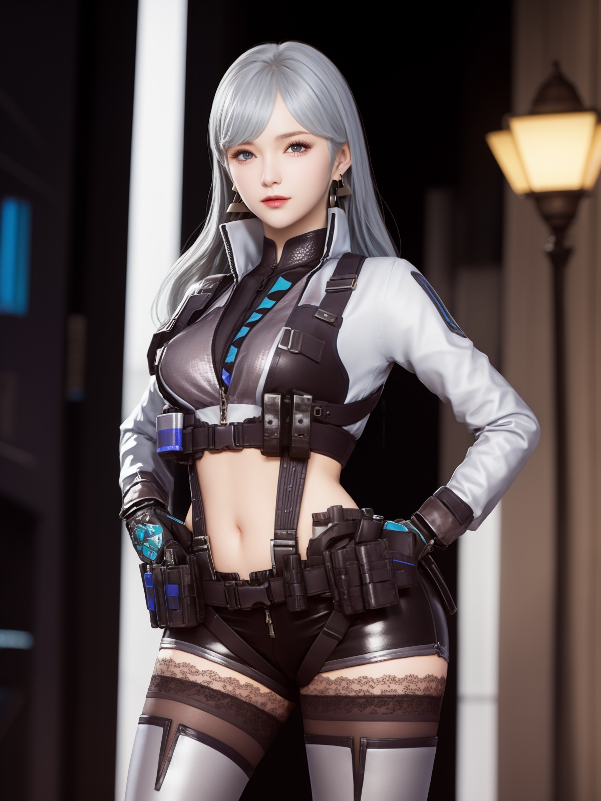 CFwangzhelanxierBW, 1girl, solo, gloves,long hair, thighhighs, jewelry, earrings, crop top, navel, thigh boots, midriff, black shorts,looking at viewer, grey hair, blue eyes, belt pouch, holster, lips, long sleeves, bangs, zipper, cropped jacket, lace, <lora:CFwangzhelanxierBW:0.75>,cityscape, night, 