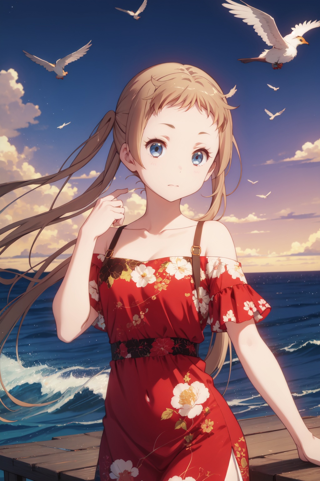 <lora:Sanae-000014:0.8>,Sanae CYQL,1girl,looking at viewer,solo,blonde hair,very long hair,long hair,twintails,brown hair,blue eyes,Rust orange off-shoulder midi dress with ruched detailing,;d,upper_body,Coastline, Cliffs, Wind, Waves, Rocks, Dramatic, Serenity, Seagulls,(Rose bushes, Garden arch, Wedding ceremony, Floral arrangements, Romantic setting, Wedding vows:0.5),beautiful detailed sky,beautiful detailed glow,posing in front of a colorful and dynamic background,masterpiece,best quality,beautiful and aesthetic,contrapposto,female focus,wallpaper,