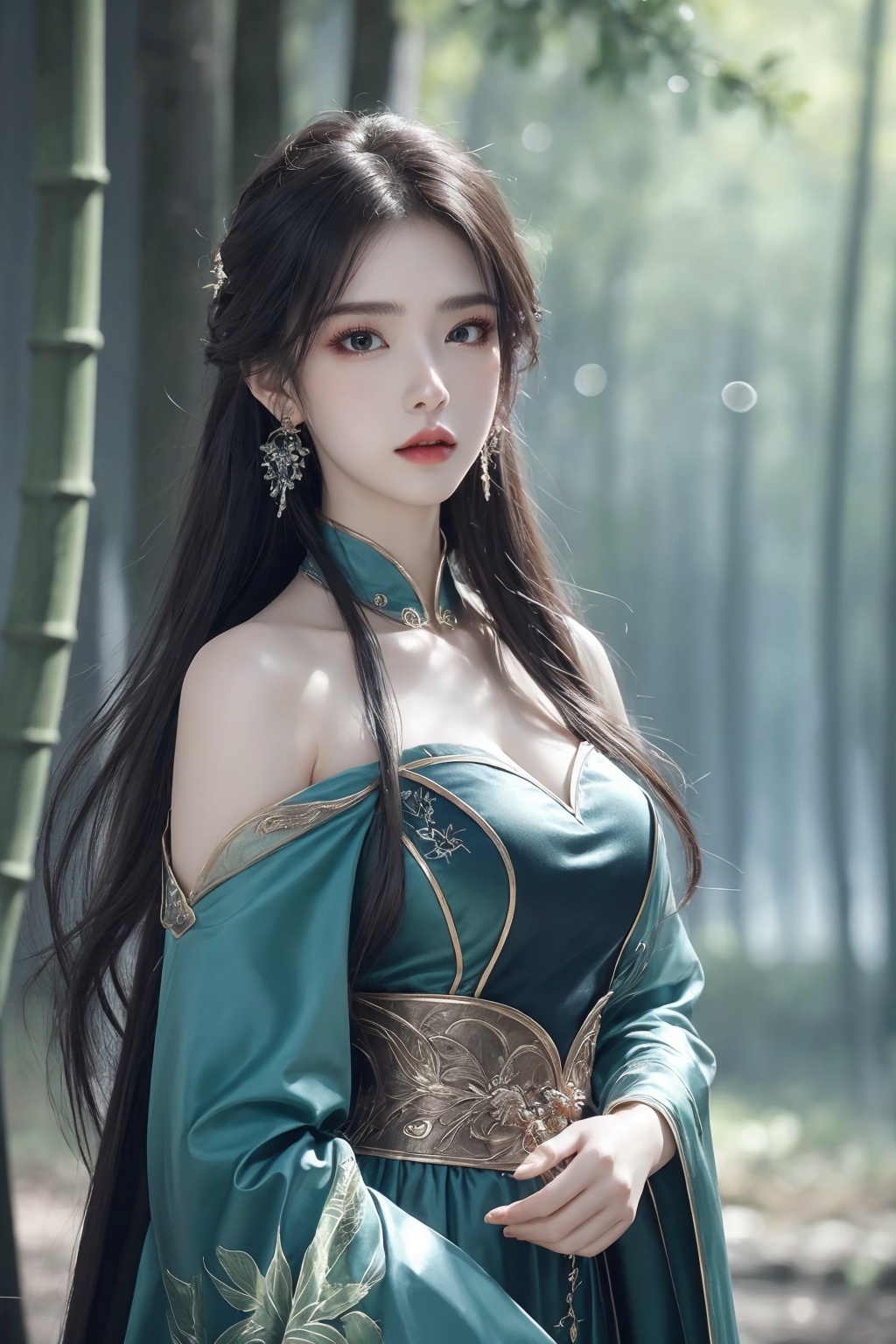 1girl, bamboo, bare shoulders, bare tree, blurry, blurry background, blurry foreground, branch, breasts, chinese clothes, depth of field, dress, earrings, forest, green eyes, jewelry, leaf, long hair, long sleeves, looking at viewer, makeup, nature, palm tree, parted lips, plant, solo, standing, tree, wide sleeves <lora:天穹1.0:0.8>
