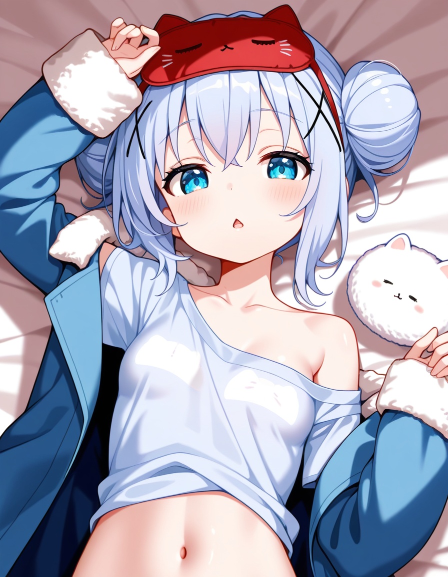 masterpiece,best quality,amazing quality,,xiangfengzhinai,1girl,arm up,bed sheet,blue jacket,breasts,chestnut mouth,collarbone,double bun,fur-trimmed jacket,fur-trimmed sleeves,fur trim,hair bun,highres,jacket,looking at viewer,lying,mask,mask on head,navel,off shoulder,on back,open clothes,open jacket,parted lips,short sleeves,sleep mask,sleeves past wrists,small breasts,solo,tippy \(gochiusa\),upper body,<lora:kafuu_chino50xllokr:1>
