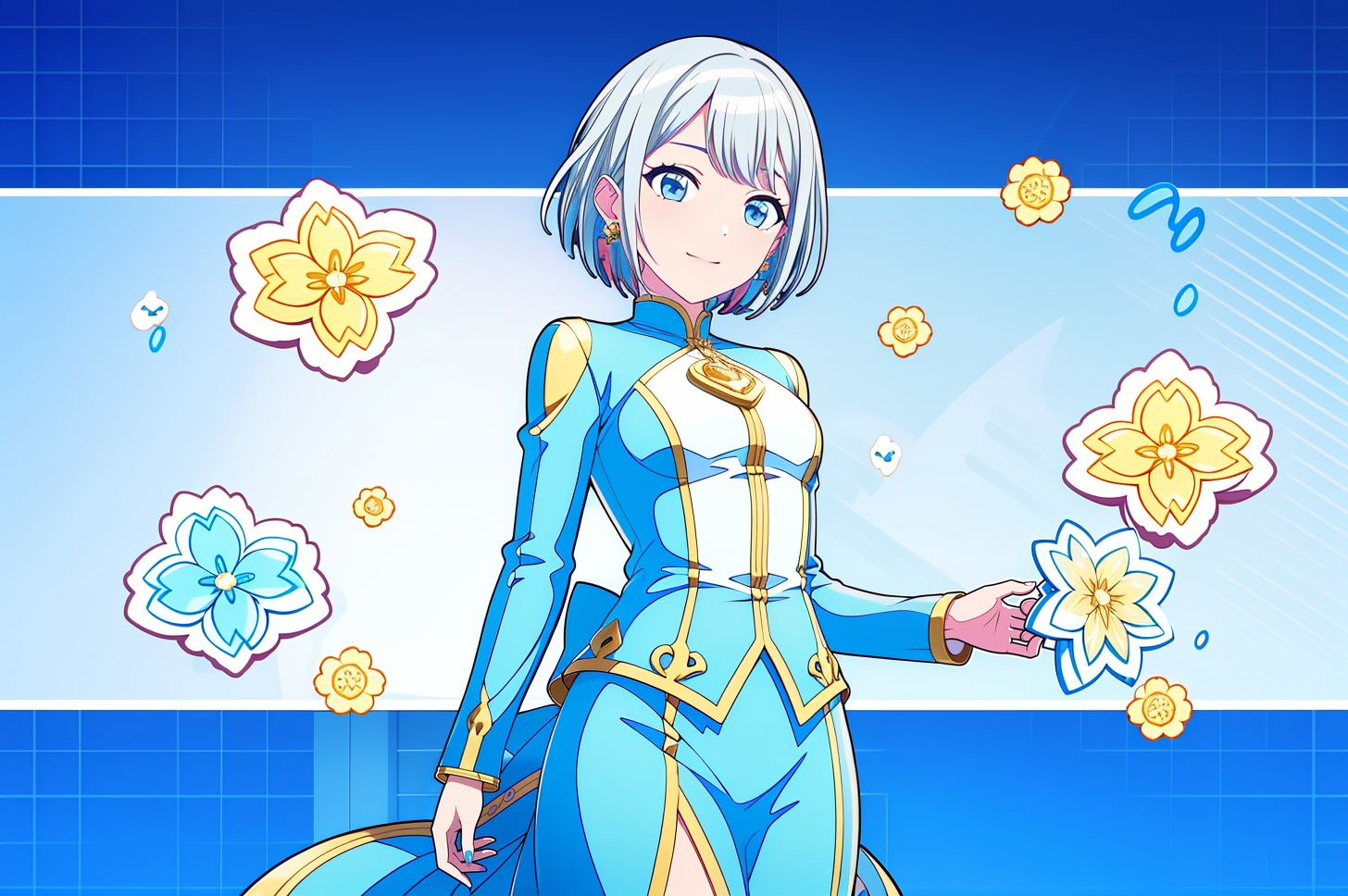 masterpiece,best quality,ultra-detailed,<lora:这应该是个壁纸Lora:1.1>,1girl,the beauty is standing on the flower,and the character details are exquisite,trendy fashion clothes,trendy portraits,colorful long skirt,short hair,from below,realistic style with fantasy elements,clean background,shiny skin,Surrealism,detailed clothing,the facial details are perfect,bright colors,3D cartoon style rendering,Panoramic view,pop Mart production,delicate gloss,8K gradient translucent glass melt,frosted glass,<lora:nvshenjie_20240308173243-000009:0.7>,