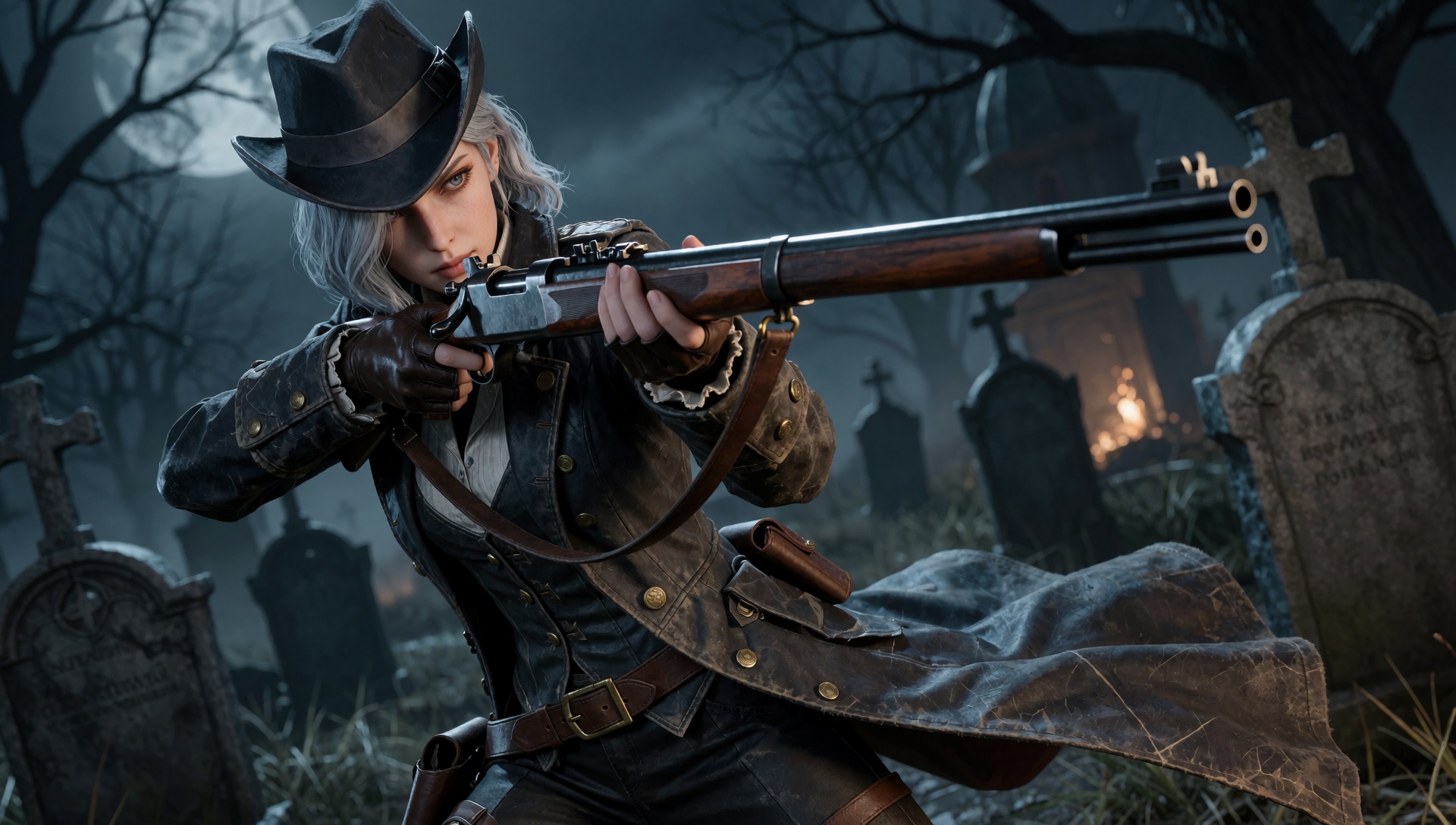 photorealistic image of Lady Marta as a sharpshooter,  silver hair under her hat,  in a dynamic rifle stance on Tensor.Art