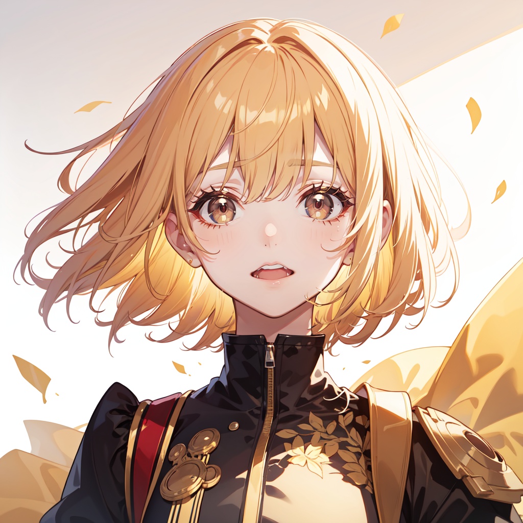 light and dark,happy,jumping,, light golden hair,red eyes,disheveled hair,short hair,hime cut,air bangs,asymmetric bangs,