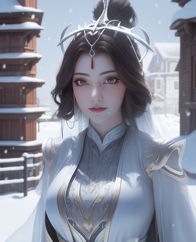 <lora:557-DA-百炼成神-玉婆婆:0.8>(,1girl, ,best quality, ),looking at viewer,masterpiece, (( , )),, realistic,science fiction,mole, ultra realistic 8k cg, ,outdoors, snow, snowing,