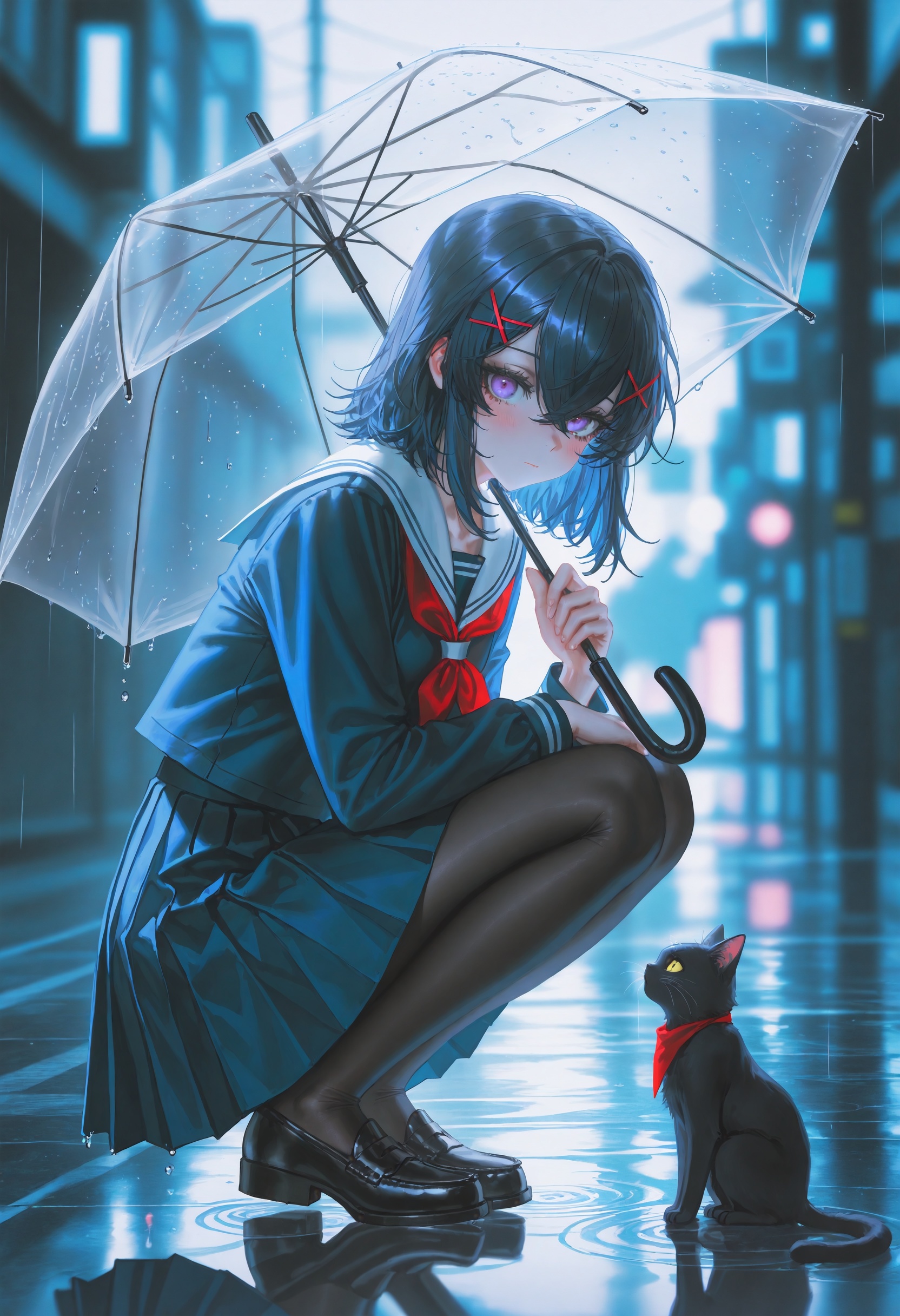 masterpiece,best quality,artist:john_kafka,artist:nixeu,artist:quasarcake,chromatic aberration,film grain,high contrast,color contrast,cold colors,gritty,graphite \\\\(medium\\\\),1girl,squatting,cat,transparent,umbrella,pantyhose,transparent umbrella,school uniform,holding umbrella,holding,hair ornament,skirt,purple eyes,sailor collar,serafuku,blue skirt,looking at viewer,white sailor collar,neckerchief,rain,black pantyhose,black footwear,red neckerchief,shirt,pleated skirt,black hair,loafers,x hair ornament,shoes,long sleeves,outdoors,solo,blue shirt,blue serafuku,medium hair,hair between eyes,hairclip,animal,closed mouth,crossed bangs,blurry,blush,reflection,blue hair,blurry background,full body,reflective floor,short hair,water drop,