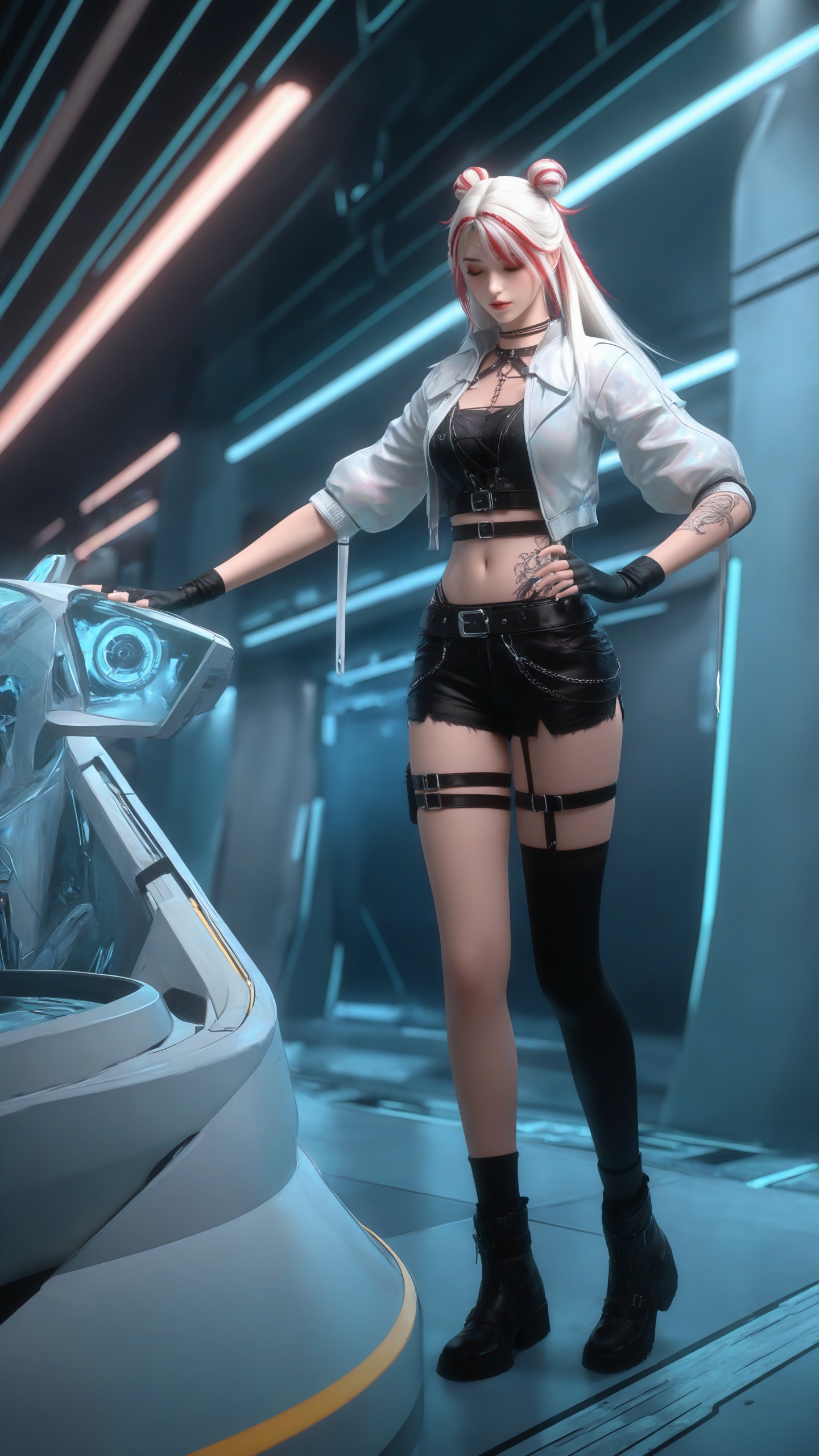 <lora:Janus-南小橙-克金玩家-天海IL:0.8>,1girl,solo,long hair,breasts,shirt,gloves,thighhighs,navel,jewelry,medium breasts,standing,jacket,full body,closed eyes,white hair,multicolored hair,red hair,boots,open clothes,shorts,black gloves,choker,belt,black thighhighs,midriff,fingerless gloves,black footwear,necklace,hair bun,streaked hair,crop top,thigh strap,tattoo,black choker,double bun,makeup,black shorts,white jacket,single thighhigh,cropped jacket,science fiction,realistic,, surreal,photorealistic,masterpiece,best quality,cinematic lighting,