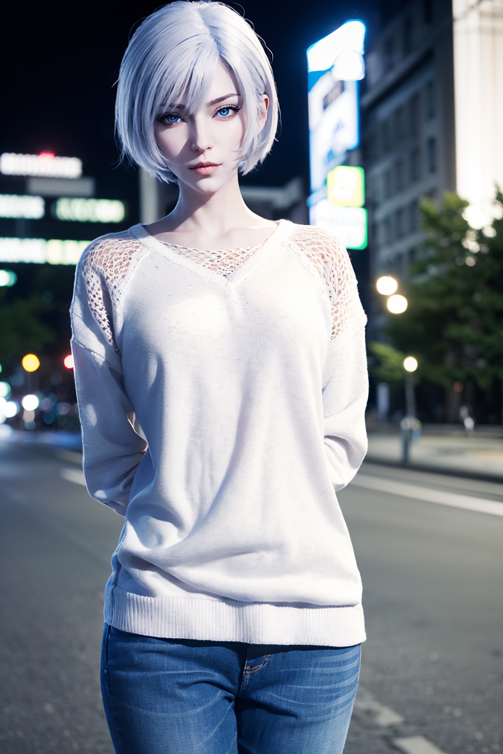 1girl,solo,((white sweater:1.3)),(arms behind back:1.3),looking at viewer,outdoors,night sky,cityscape,road,upper body,depth of field,Highly detailed,(best quality:1.5,masterpiece:1.5),<lora:20250110-1736495644652-000010:0.8>,fl,