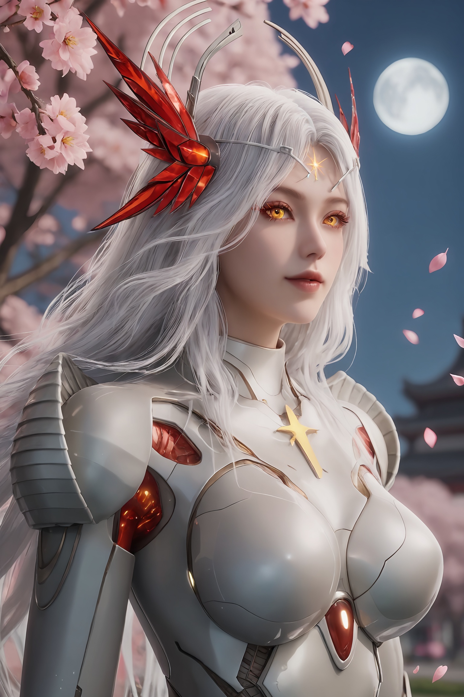 masterpiece,best quality,solo,1girl,upper body,petals,looking at viewer,moon,branch,cherry blossoms,flower,extreme aesthetic,(quasarcake:0.7),masterpiece,best quality,good quality,newest,very aesthetic,absurdres,A shot with tension,(Visual impact,giving the poster a dynamic and visually striking appearance:1.2),impactful picture,offcial art,colorful,splash of color,movie perspective,<lora:吞噬星空-星幻王Pony:0.6>,1girl,long,flowing white hair,sleek,form-fitting suit made of shiny,metallic armor  with red accents,high collar,full body,