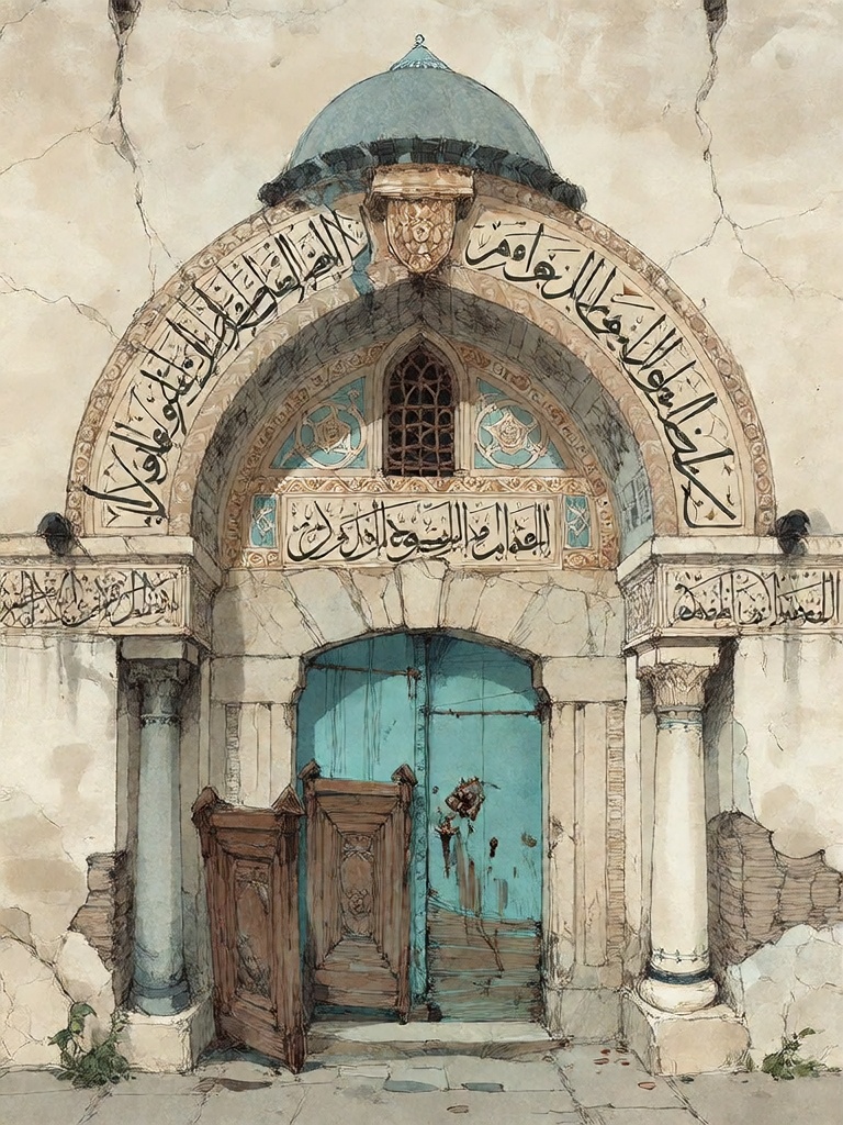 Bradhamel art style. A grand,  weathered stone archway with intricate Islamic calligraphy and geometric carvings frames a...