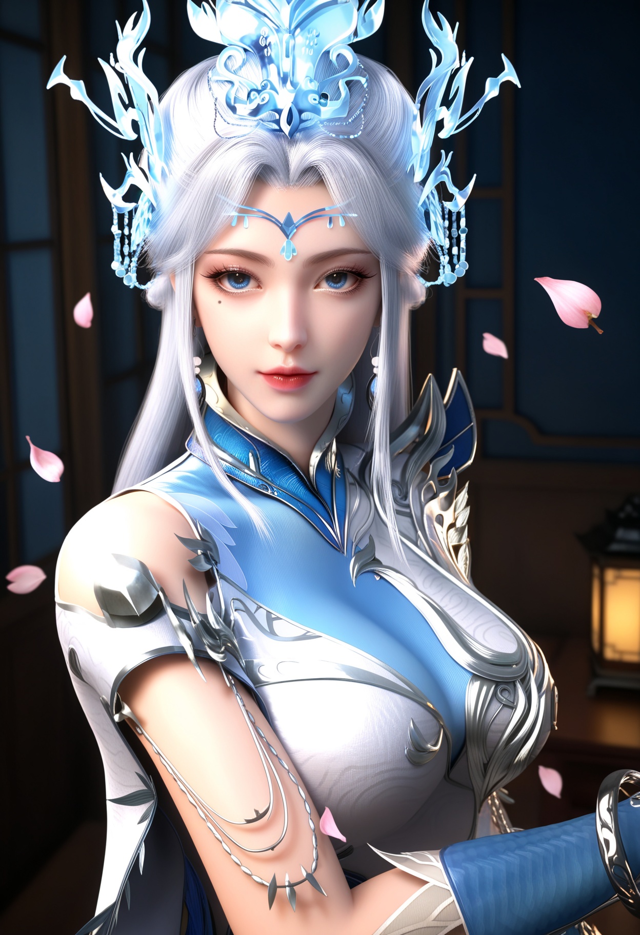 masterpiece,best quality,amazing quality,high resolution,ultra-detailed,absurdres,(looking at viewer:1.1),upper body,(Dark room:1.3),(moody lighting:1.1),peach blossom,falling petals BREAK large breasts,ningyudie,1girl,solo,long hair,hair ornament,jewelry,dress,chinese clothes,blue eyes,white hair,earrings,hair bun,mole under eye,makeup,bracelet BREAK photorealistic details,<lora:QQSillningyudieV1:0.8>,