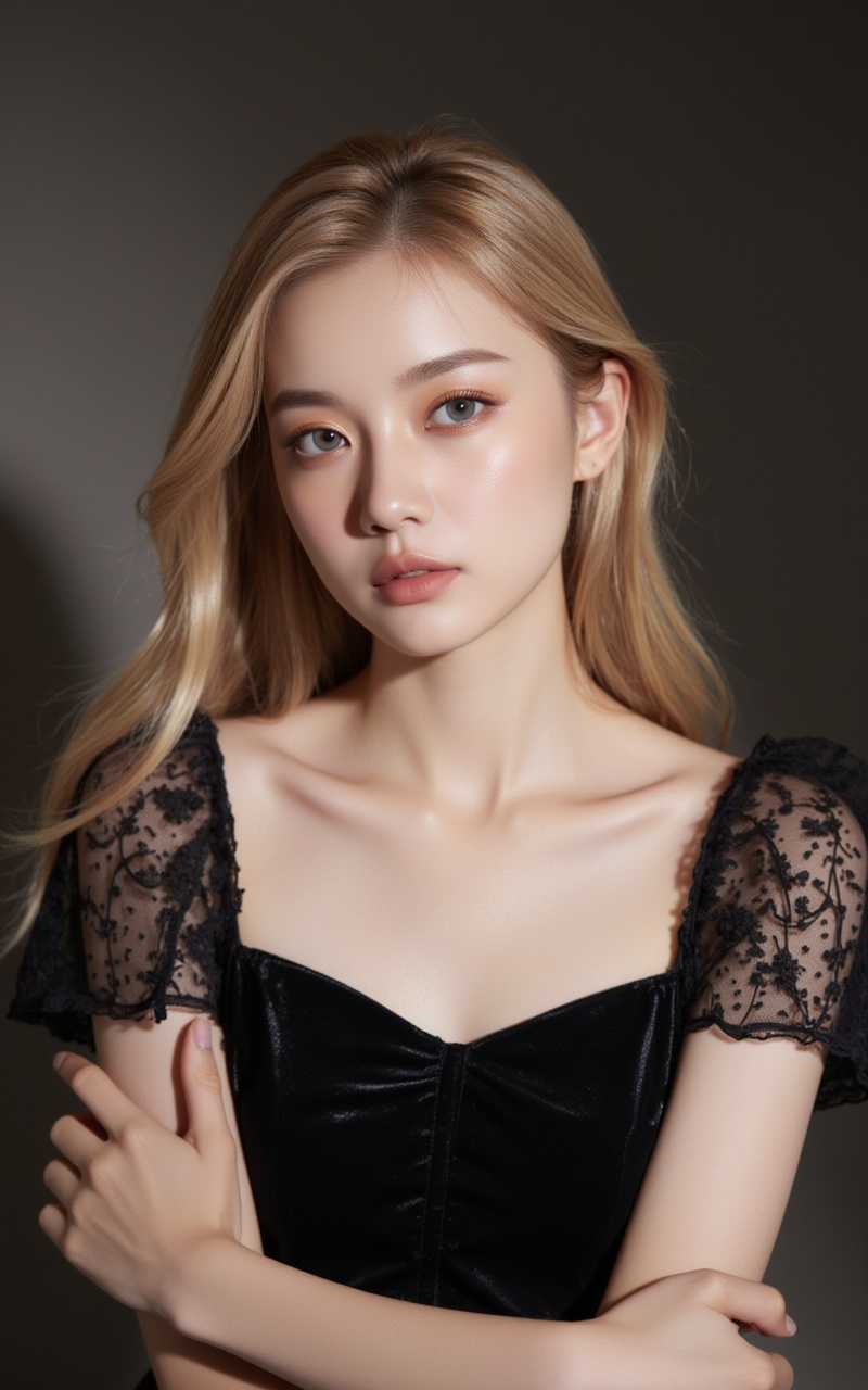 <lora:时尚滤镜10:0.2>,1girl,solo,blonde hair,long hair,grey eyes,upper_body,dress,realistic,absurdres,close-up,front view,<lora:皮肤质感10:0.8>,