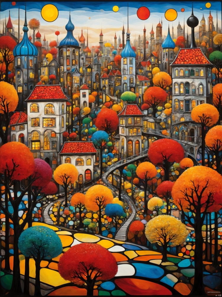 autumntime cityscape painting by Yayoi Kusama, in the style of colorful drawings, joe madureira, hans baldung, romantic graffiti, stained glass, multi-layered color fields<lora:EMS-343900-EMS:0.800000>