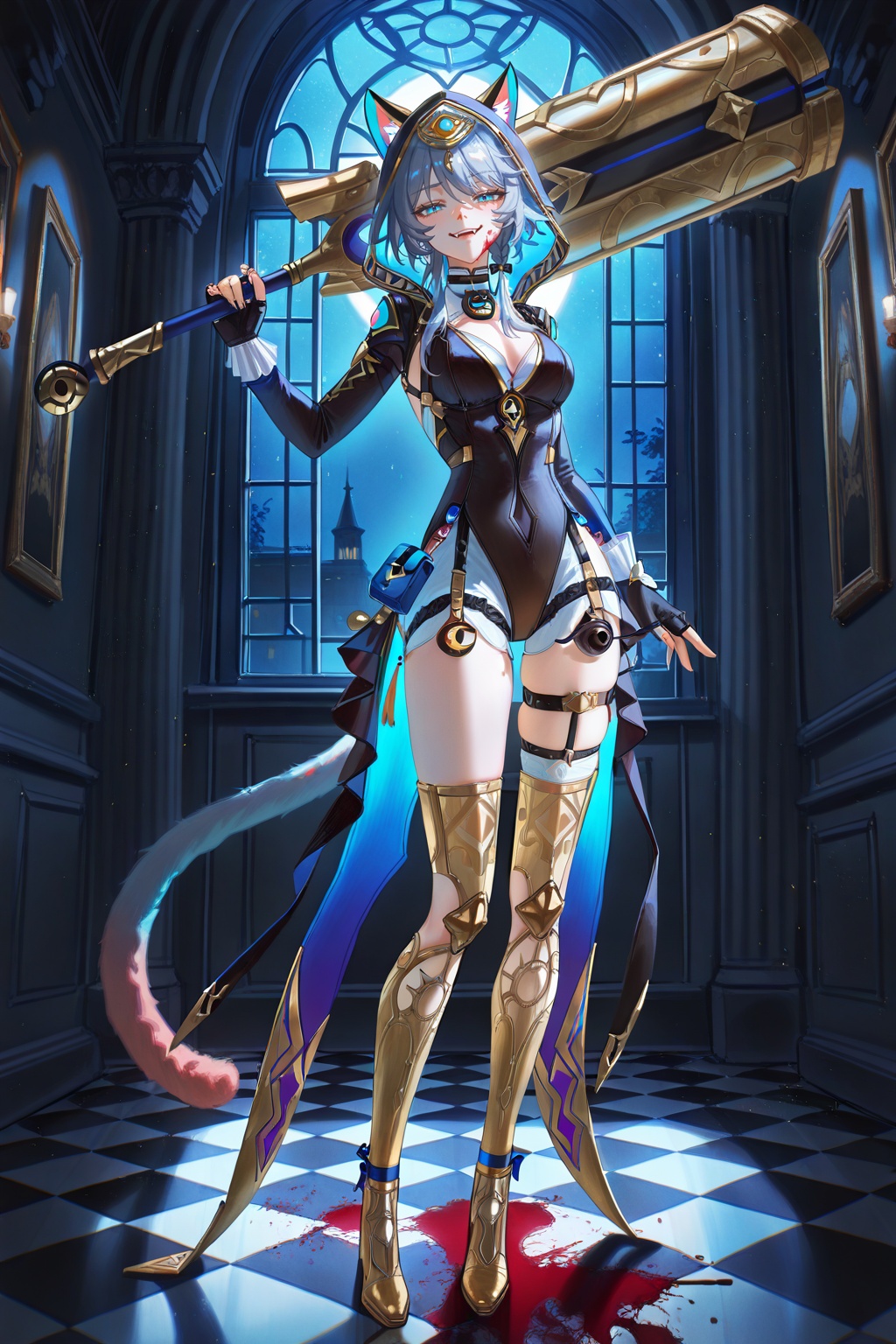 masterpiece,best quality,very aesthetic,absurdres,amazing quality,black theme,fangs,smug,looking at viewer,standing,checkered floor,indoors,huge weapon over shoulder,horror theme,blood on face,blood splatters on ground,night,dark,erotic,(wlop:0.5),quasarcake:0.6,<lora:illustrious_all_rated_v1:0.8>,<lora:UnifiedTheory:0.8>,<lora:Cipher-ill-Tanger-000012:0.8>,Cipher \(honkai: star rail\),cat girl,cat ears,cat tail,clothes: Cipher black clothes,1girl,blue eyes,breasts,fingerless gloves,thighhighs,boots,
