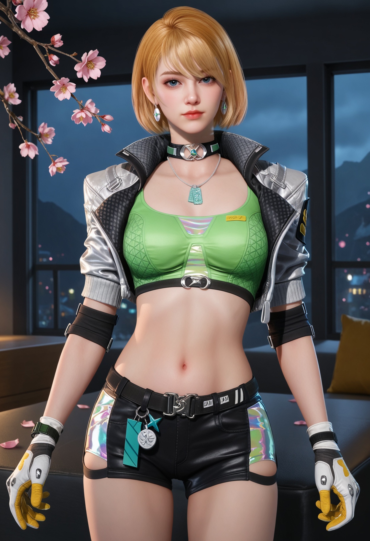 (upper_body:1.2),looking at viewer:1.1,masterpiece,(best quality),smog,Dark room,dim lighting,peach blossom,falling petals,<lora:YQ_Illustrious光辉v5_茉莉_V1:0.8>,q1528437228,1girl,blonde hair,jacket,short hair,solo,gloves,jewelry,cropped jacket,crop top,earrings,choker,shorts,short shorts,open jacket,black shorts,boots,dog tags,knee pads,blue eyes,necklace,white gloves,belt,