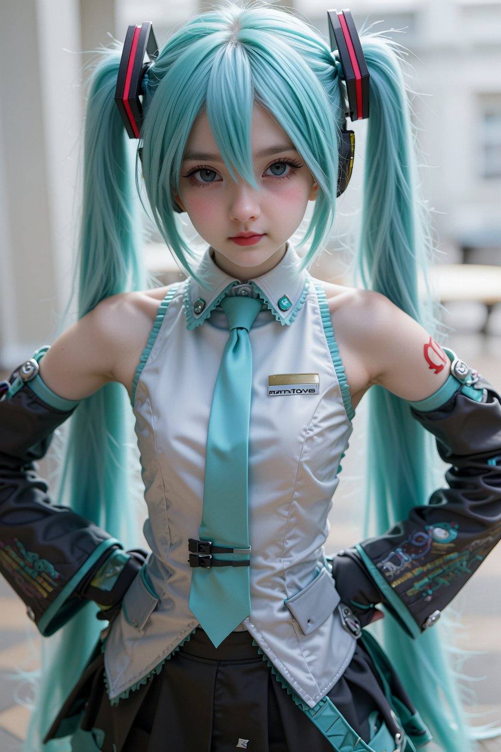 The image depicts an anime-style character with long turquoise hair styled in twin tails. She is wearing a shiny,  metalli...