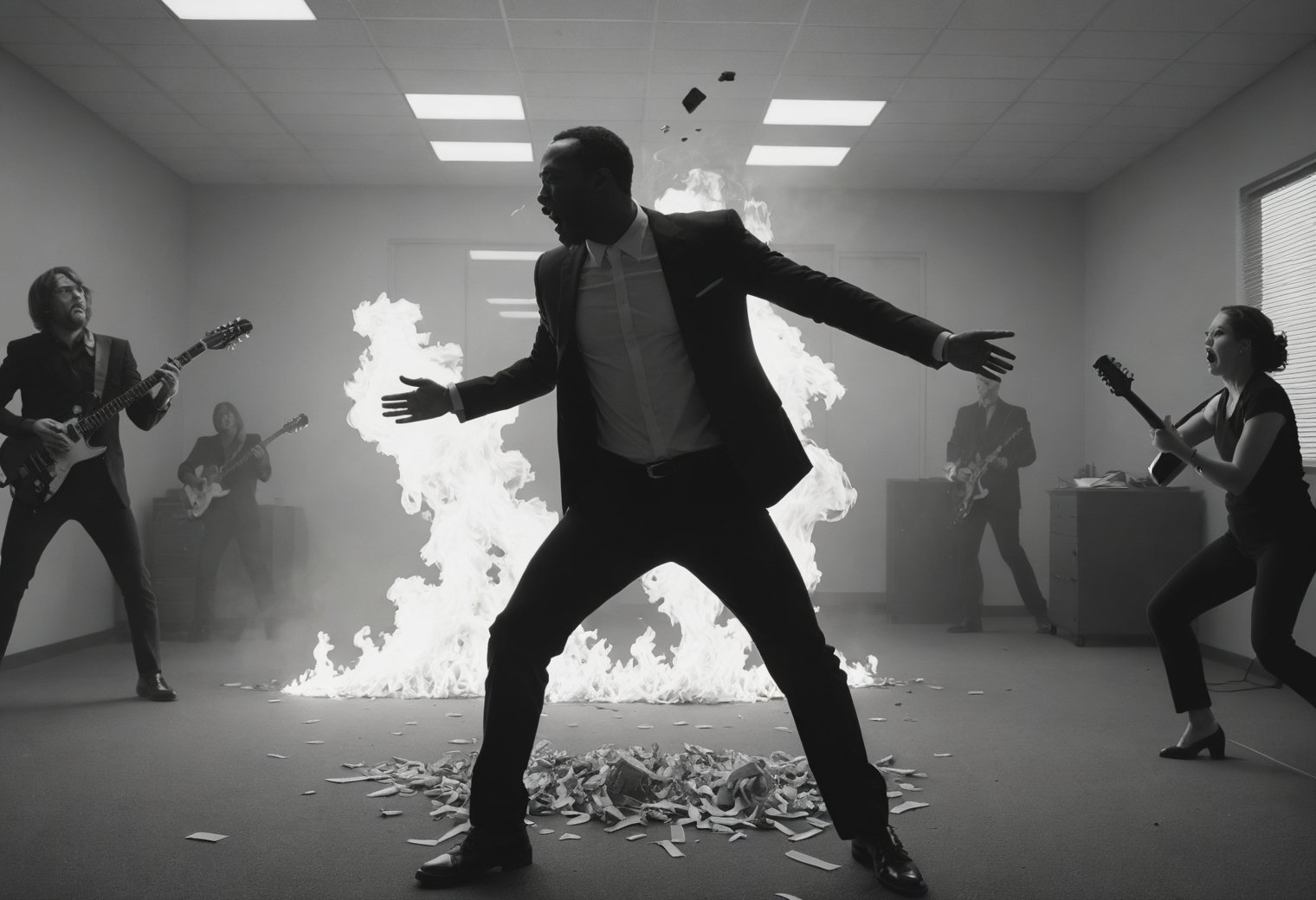 single shot of A mosh pit in an office space,  metal band playing,  smoke and flames on Tensor.Art