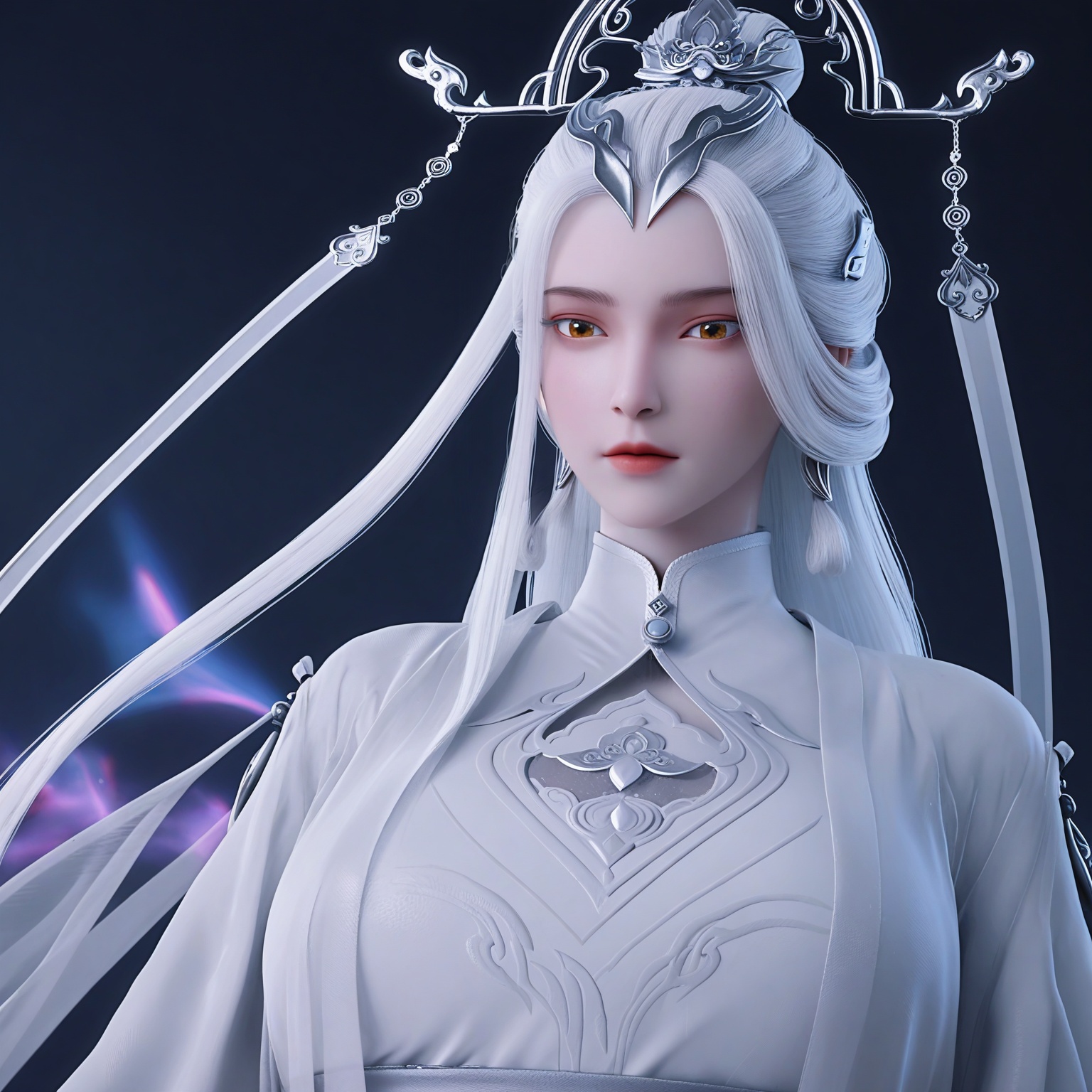 (upper_body:1.1),(huge breasts:0.9),86.<lora:YQponyjianmaV2:0.8>,q1528437228,solo,1girl,white_hair,long_hair,hair_ornament,dress,jewelry,white_dress,long_sleeves,chinese_clothes,earrings,wide_sleeves,brown_eyes,sash,hair_stick,yellow_eyes,hair_bun,hanfu,robe,blue_eyes,crown,kimono,single_hair_bun,red_eyes,braid,obi,tassel,,blush,(looking_at_viewer:1.1),BREAKintricate details,shiny_skin,solo focus,(blurry background:1.1),(depth of field:1.1),perfect_anatomy,(cinematic lighting:0.9),(volumetric lighting:0.9),(simple background,pure black background,black background:1.1),