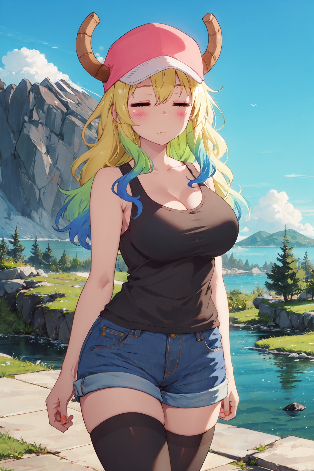 <lora:Quetzalcoatl-000019:0.8>,Lcoa CYQL,1girl,looking at viewer,solo,dragon girl,long hair,blonde hair,green hair,multicolored hair,gradient hair,horns through headwear,dragon horns,hat,pink headwear,closed eyes,**** top,black **** top,breasts,large breasts,cleavage,shorts,denim shorts,thighhighs,black thighhighs,denim,blue shorts,expressionless,cowboy_shot,Nested within the silent embrace of a volcano, a jade-green lake rests, encircled by steep cliffs shrouded in mist. It resembles a mystical eye of the earth,(Cottage garden flowers, Rain-soaked petals, Garden path, Raindrops, Summer shower, English countryside:0.5),beautiful detailed sky,beautiful detailed glow,posing in front of a colorful and dynamic background,masterpiece,best quality,beautiful and aesthetic,contrapposto,female focus,wallpaper,