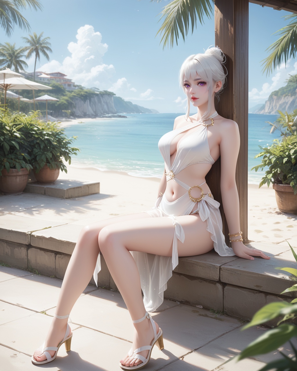 1girl,solo,purple eyes,jewelry,breasts,navel,bracelet,looking at viewer,swimsuit,white hair,high heels,bikini,hair bun,medium breasts,single hair bun,sandals,<lora:wy_jiyingying_yz_XL5.0:0.8>,outdoors,waterpark,sitting,, score_9,score_8_up,score_7_up,score_6_up,score_5_up,score_4_up,