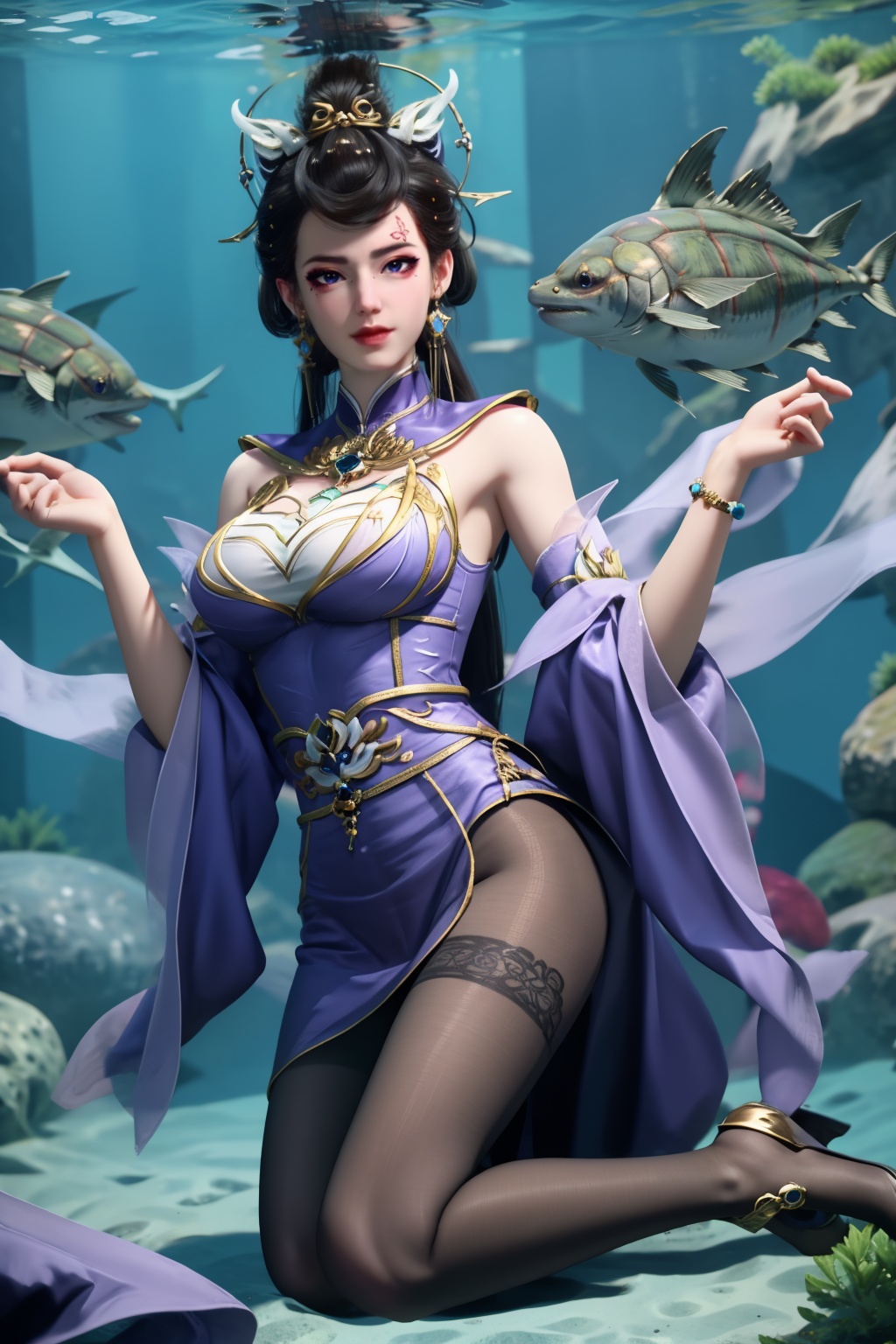 1girl,underwater,submerged,floating hair,air bubble,holding breath,see-through,masterpiece,best quality,highly detailed,fish,(wide hip:1.2),jellyfish,earrings,hair ornament,sea weed,coral reef,shark,sea turtle,sexy pose,kneeling,chinese dress,chinese clothes,big breasts,(looking at viewer:1.2),black pantyhose,arms up,torn pantyhose,