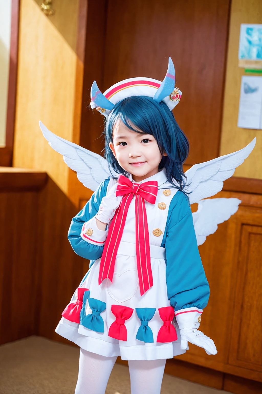 masterpiece, best quality,(photoshop \(medium\):1.4),child, <lora:sigewinne-v2:1>,(sigewinne (genshin impact):0),1girl,animal ears,hat,blue hair,multicolored hair,two side up,red eyes,bow,bowtie,blue dress,white apron,wings,long sleeves,white gloves,shorts,white pantyhose, cowboy shot,light smile,indoors,in hospital, medical room,