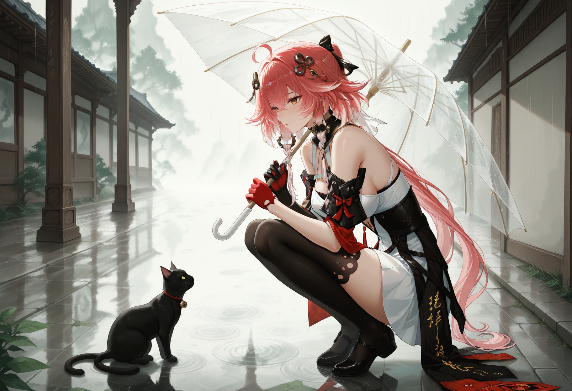 1girl,umbrella,cat,transparent,squatting,black cat,transparent umbrella,holding,rain,outdoors,holding umbrella,from side,reflection,puddle,profile,animal,solo,night,<lora:长离长离:1>,changli,1 woman,yujie,long hair,bangs,hair ornament,thighhighs,gloves,dress,hair between eyes,yellow eyes,pink hair,ahoge,red hair,black thighhighs,white dress,gauntlets,red gloves,single glove,single gauntlet,