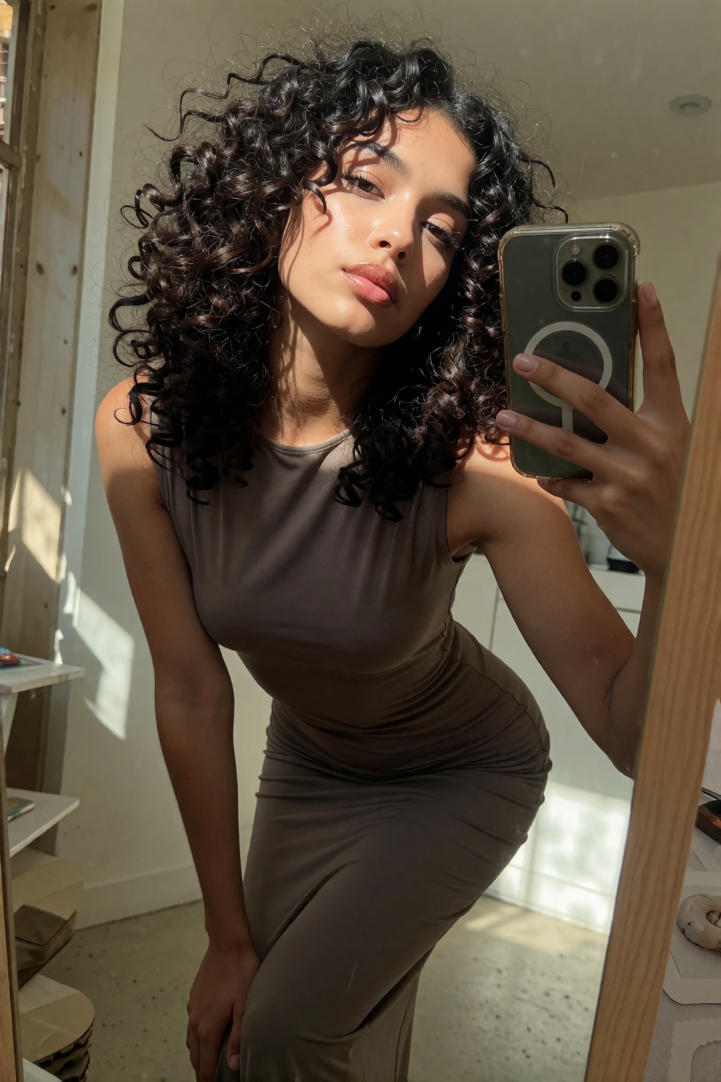 23-year-old Latina woman takes a car selfie with the window down and sunlight on her face,  her dark curls framing her fac...