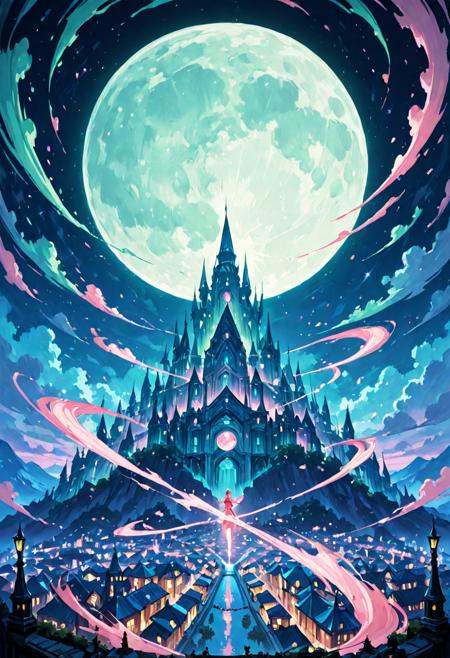 color splash, Green,Blue,pink, fantasy city landscape background, night,full moon,detailifier