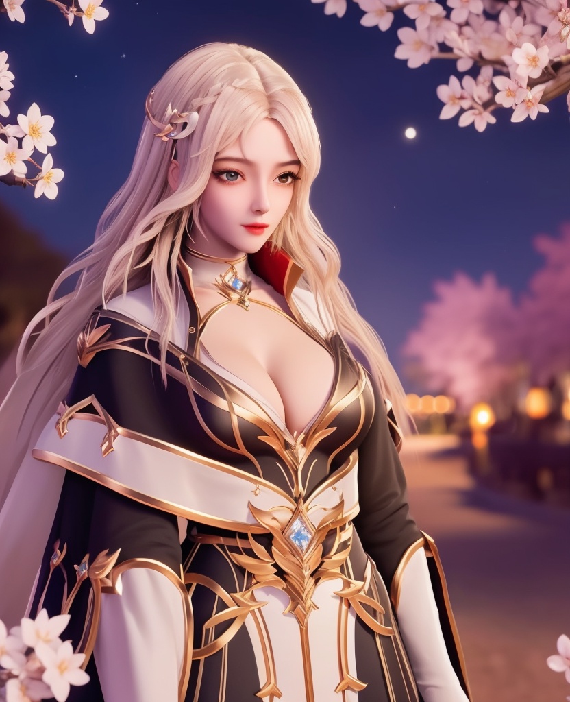 <lora:556-DA-神印王座-温柔一刀:0.8>(,1girl, ,best quality, ),looking at viewer,masterpiece,(( , )),, realistic,science fiction,mole,,ultra realistic 8k cg,     ,cherry blossoms,,night, night sky, crescent moon, moonlight,,(facing viewer, looking at viewer, , ),  (cleavage), (),