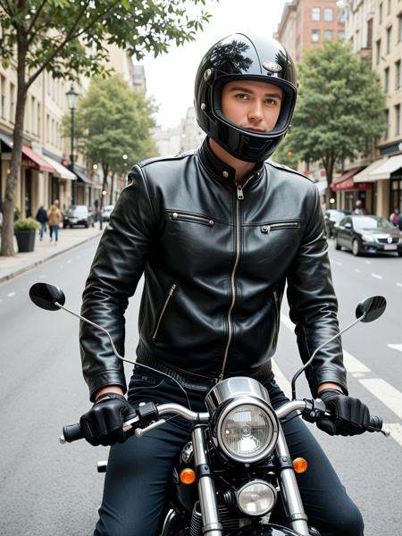 motor vehicle, 1boy, realistic, helmet, male focus, solo, outdoors, gloves, road, motorcycle, jacket, building, black gloves, leather, street, motorcycle helmet, day, leather jacket, black jacket, tree, pants, sky, zipper, black hair, city, soft natural lighting, cinematic lighting, ultra-detailed skin texture, expressive eyes, shallow depth of field, bokeh effect, photorealistic, high contrast, natural colors