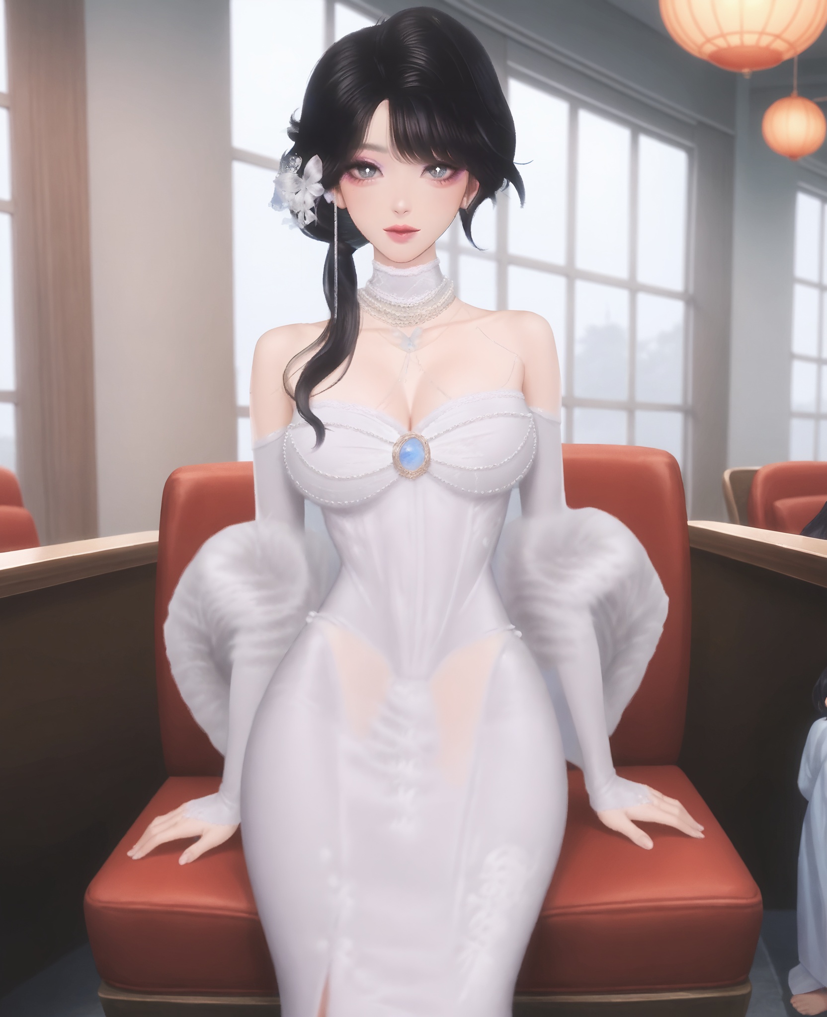 score_9,score_8_up,score_7_up,score_6_up,score_anime,masterpiece,best quality,ultra-detailed,highres,anime screencap,anime coloring,anime,animated,detailed fingers,looking at viewer,from front,indoors,<lora:C_t_w_25_JUNE_Pony:0.7>,1girl,solo,t_w,black hair,hair ornament,long hair,earrings,bangs,bare shoulders,detached sleeves,white dress,sitting,