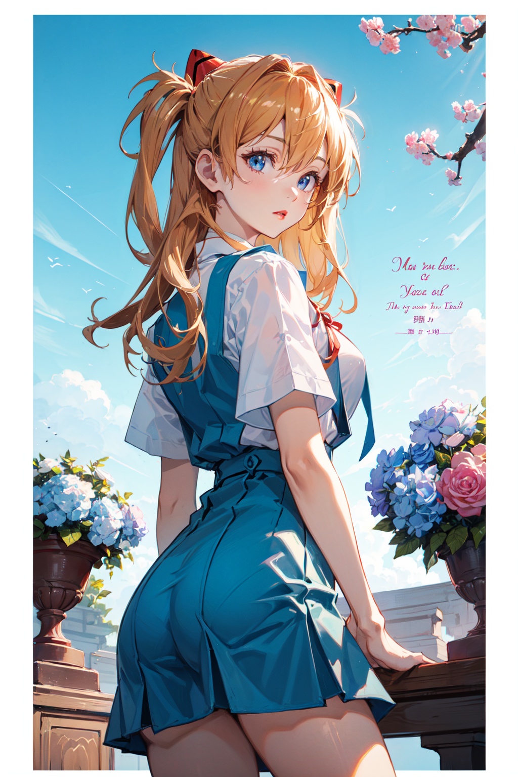 <lora:Asuka-000018:0.8>,Asuka CYQL,1girl,looking at viewer,solo,long hair,blue eyes,interface headset,brown hair,orange hair,hair between eyes,two side up,medium breasts,(Asuka School,tokyo-3 middle school uniform,shirt,skirt,white shirt,blue skirt,ribbon,neck ribbon,red ribbon,short sleeves,suspender skirt,hair ornament),(smile:1.2),beautiful face,beautiful eyes,glossy skin,shiny skin,(full_shot,from_side,on back:1.2),arm support,Fountain, Garden, Flowers, Trees, Park,hydrangea,beautiful detailed sky,beautiful detailed glow,(English text:1.3),(border:1.5),posing in front of a colorful and dynamic background,(masterpiece, best quality, beautiful and aesthetic:1.3),contrapposto,female focus,fine fabric emphasis,wallpaper,fashion,Lipstick,depth of field,intricate_detail,finely_detailed,fine_fabric_emphasis,(glossy),<lora:增强减少细节add_detail:0.3>,