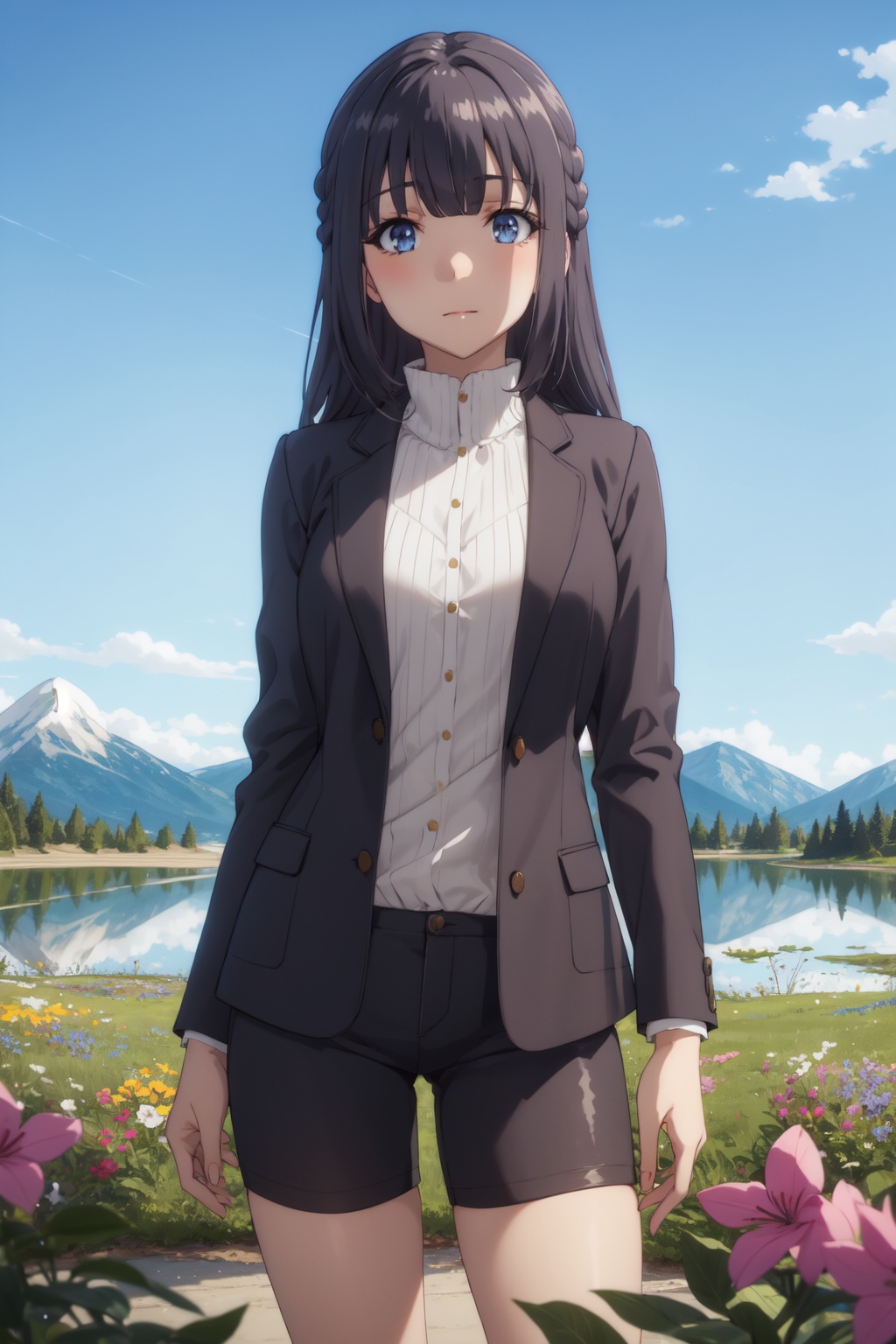 <lora:Shoko-000014:0.8>,Shoko CYQL,1girl,looking at viewer,solo,black_hair,long_hair,bangs,braid,blue_eyes,Oversized blazer, bike shorts, bodysuit, chunky sneakers,grin,upper_body,Lake, Wildflowers, Mountains, Reflection, Colors, Serenity, Tranquility,(Churchyard, Tombstones, Fall foliage, Autumnal tranquility, Rustic charm, Harvest season:0.5),beautiful detailed sky,beautiful detailed glow,posing in front of a colorful and dynamic background,masterpiece,best quality,beautiful and aesthetic,contrapposto,female focus,wallpaper,