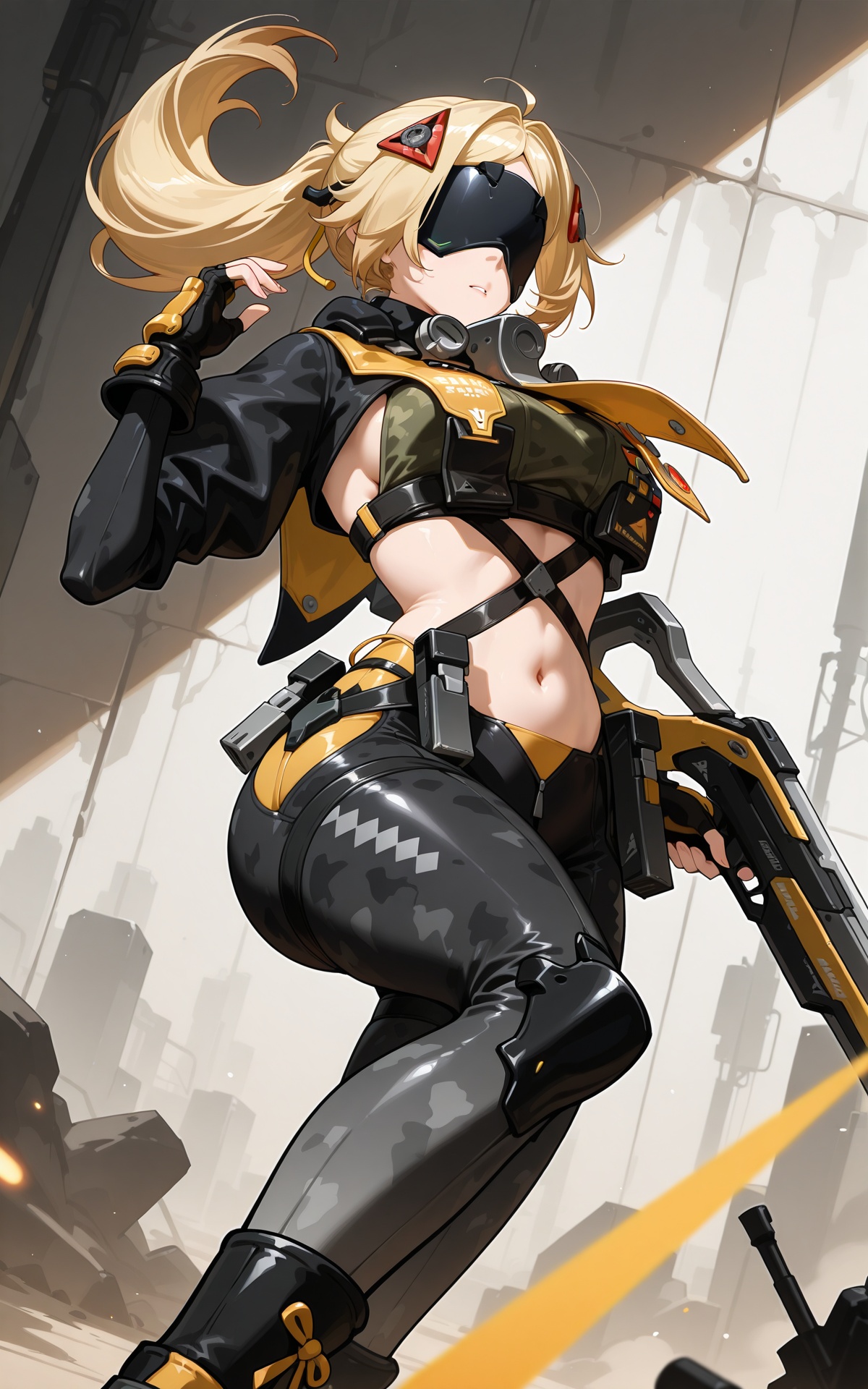 <lora:xl-ill-trigger(zenless zone zero)-v1-000010:0.8>,trigger\(zenless zone zero\),1girl,solo,blonde hair,ponytail,blindfold,covered eyes,breasts,jacket,black jacket,gloves,navel,orange gloves,fingerless gloves,cropped jacket,camouflage,boots,black footwear,weapon,gun,rifle,science fiction,