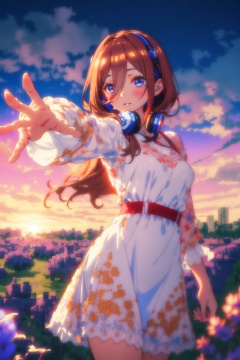 1girl,looking at viewer,solo,long hair,hair between eyes,bangs,brown hair,blue eyes,headphones,headphones around neck,<lora:Nakano Miku:0.8>,Miku_CYQL,(sad,stretching,cowboy_shot,foreshortening:1.1),Embroidered lace midi dress with cap sleeves,beautiful face,beautiful eyes,glossy skin,shiny skin,Rocks, Desert, Formations, Sandstone, Erosion, Colors, Arid, Silence,Lavender rows, Provencal farmhouse, Rolling hills, Lavender harvest, French countryside, Purple carpet,beautiful detailed sky,beautiful detailed glow,posing in front of a colorful and dynamic background,masterpiece,best quality,beautiful and aesthetic,contrapposto,female focus,wallpaper,fashion,<lora:增强减少细节add_detail:0.4>,