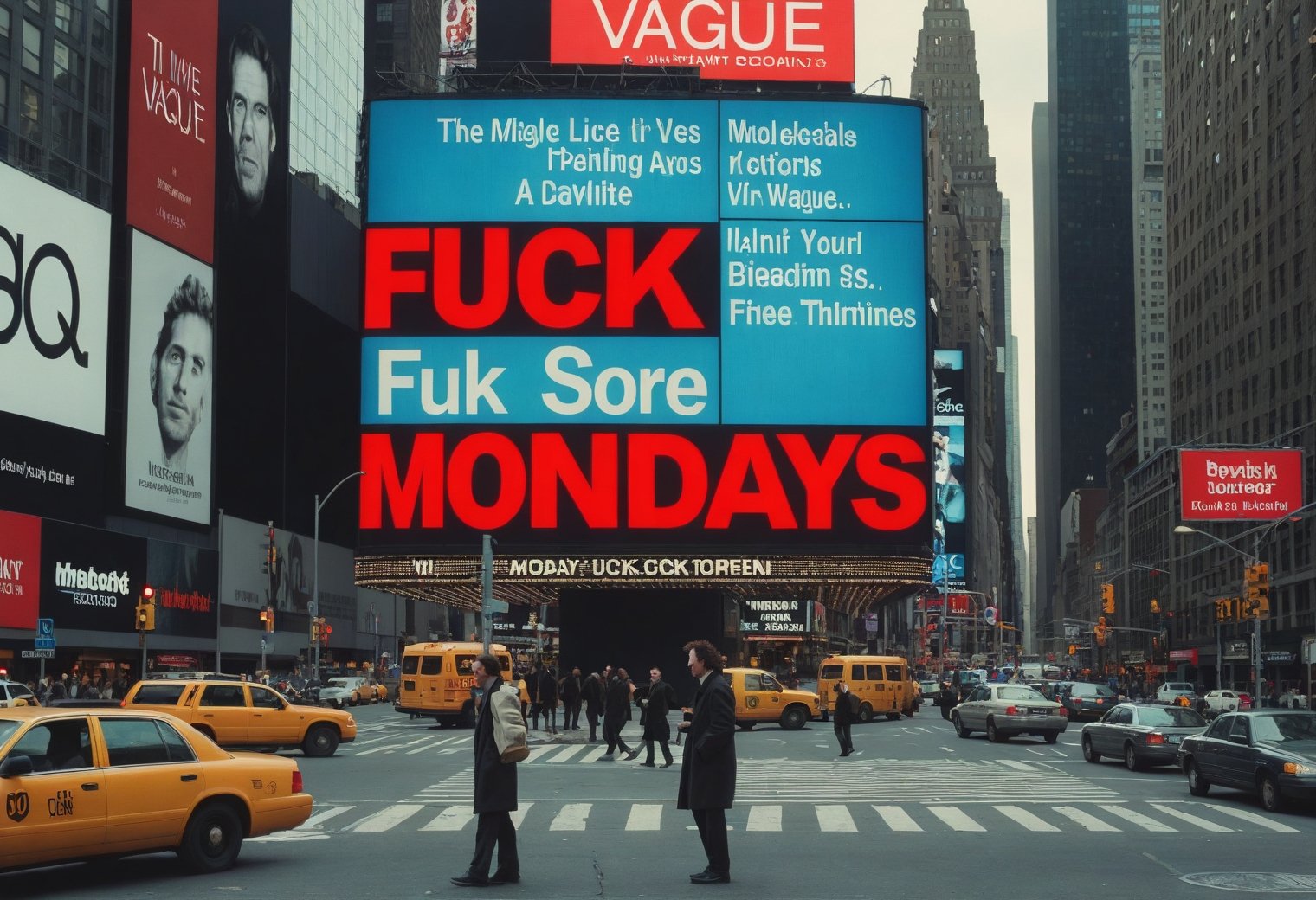 landscape of "**** MONDAYS",  time square billboard sign,  directed by Joel Coen Jump cuts on Tensor.Art
