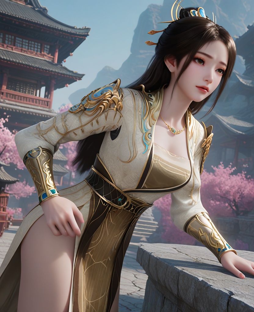 (oriental architecture, elegant decor, sophisticated style:1.1),(Gently pulling at an imaginary necklace near her collarbone, with her eyes locked onto an unseen lover, she portrays deep longing and irresistible charm:1.1),(breasts:1.2),<lora:XL16遮天姚曦:0.95>,miss yaoxi,solo,yellow high slit dress,brown eyes,eyeshadow,black hair,hair ornament,long hair,hair bun,brown bra,necklace,jewelry,belt,thigh,brown pelvic curtain,vambraces,pauldrons,, score_9,score_8_up,score_7_up,score_6_up,score_5_up,score_4_up,3d rendering,tag1,tag2, Cinematic Lighting,backlighting,