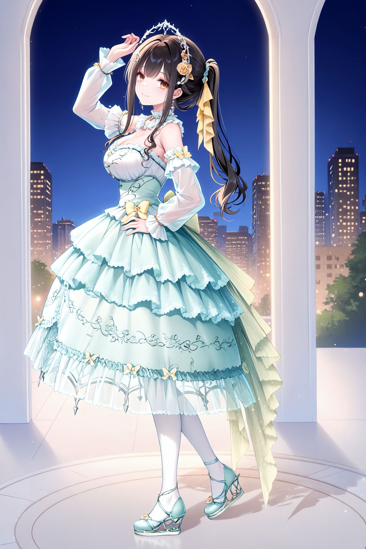 masterpiece,best quality,newest,absurdres,highres,soft shadows,year2024,mutou kurihito,[kimishima ao],[[[bison cangshu]]],[[[[[sheya]]]]],<lora:noaXLNAI:1>,noa,ponytail,black hair,brown eyes,hair ribbon,1girl,solo,smile,mature female,<lora:wishfulaurosaXLNAI:1.4>,wishful aurosa,dress,green dress,see-through sleeves,detached sleeves,strapless dress,dress flower,white thighhighs,print thighhighs,earrings,frilled dress,see-through dress,platform footwear,outdoors,street,cityscape,legs apart,large breasts,hand on own hip,arm up,night,dress tug,full body,from side,