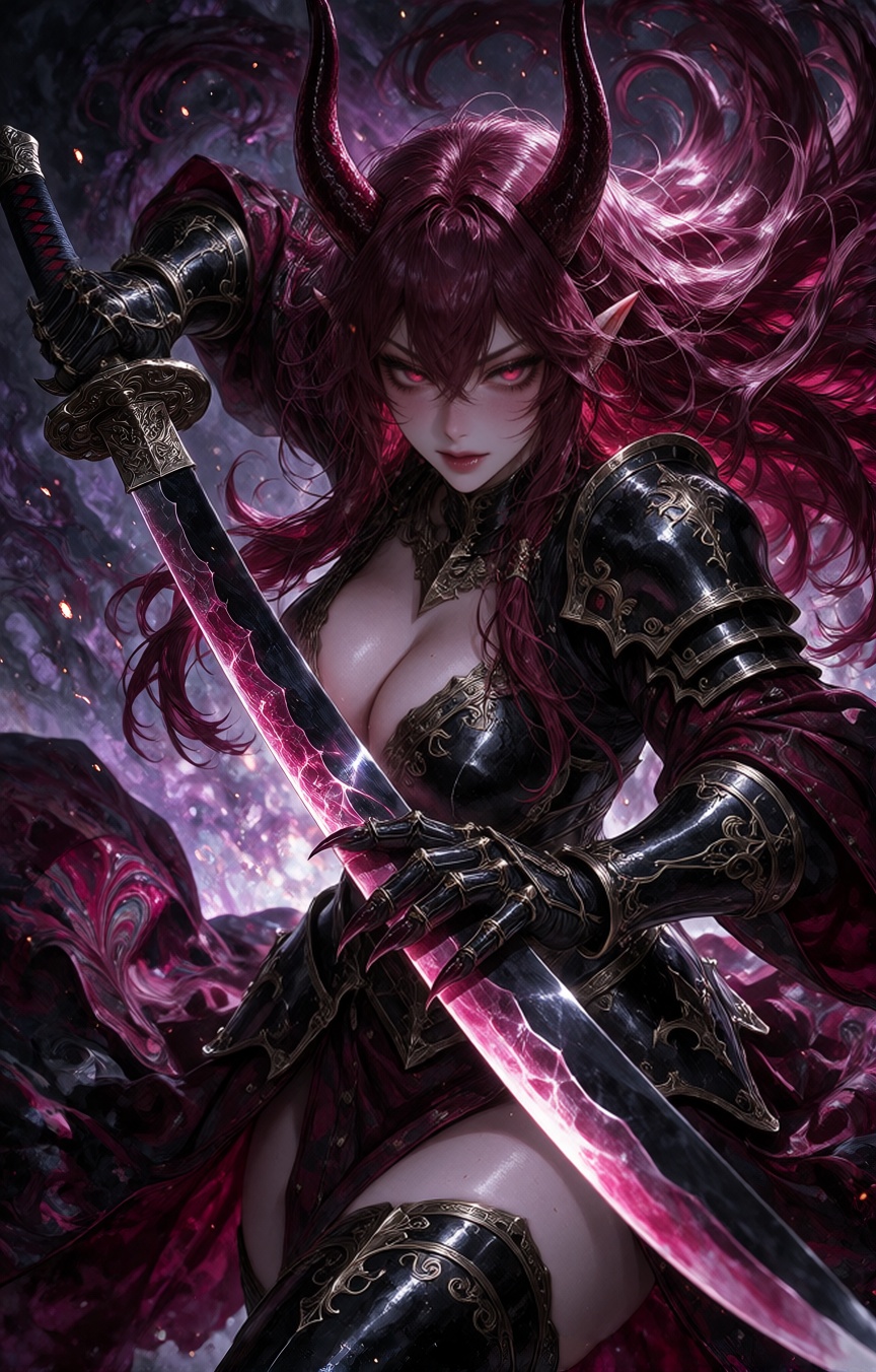 Painterly dark fantasy anime illustration of an oni swordswoman with long burgundy hair and long red horns,  one glowing p...