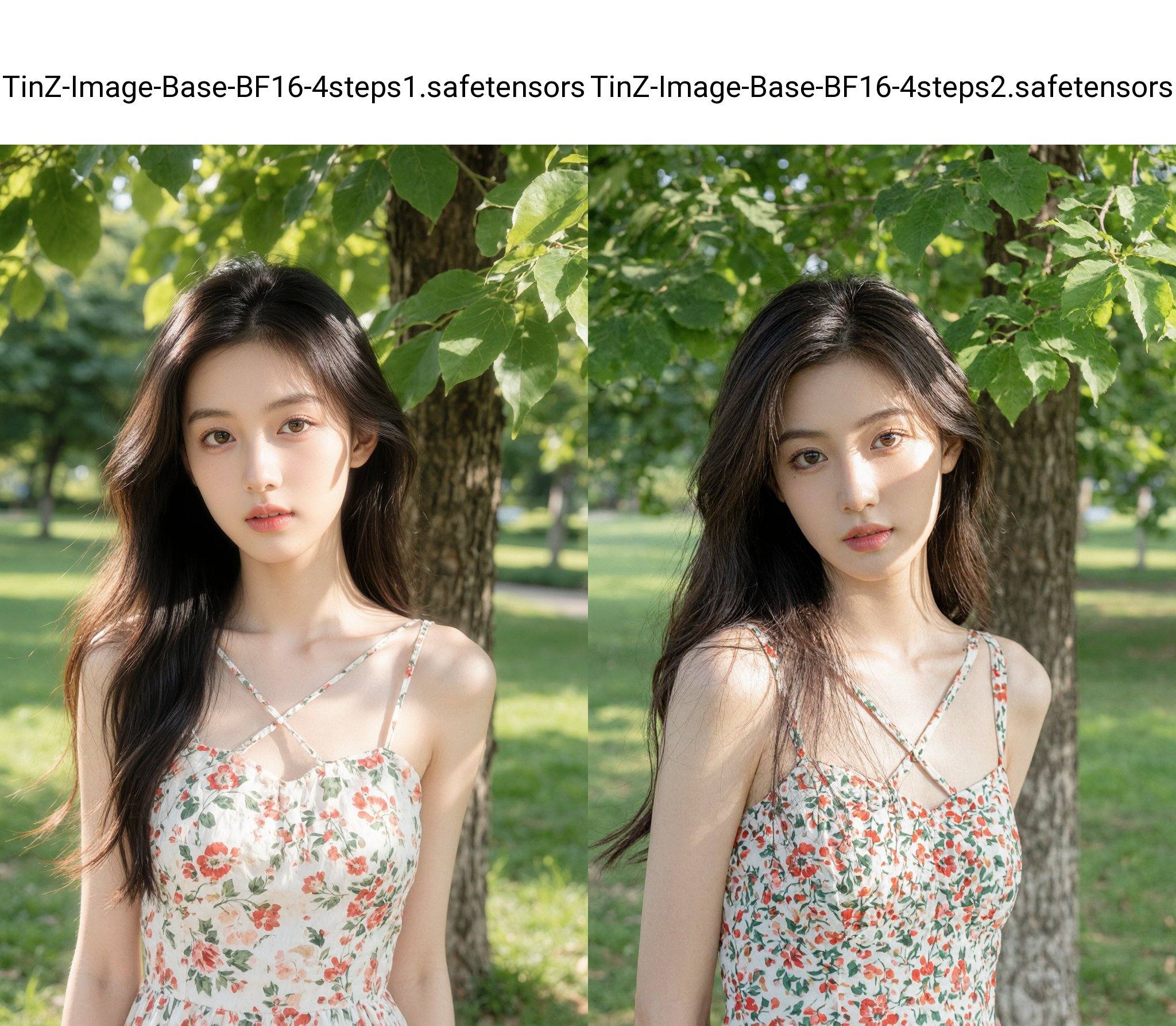 This is a high-resolution photograph featuring an East Asian woman with a fair complexion and long, wavy dark brown hair that cascades over her shoulders. She has a delicate, heart-shaped face with prominent cheekbones and a small, straight nose. Her eyes are almond-shaped and a striking shade of brown, with a subtle hint of eyeliner and mascara enhancing their natural beauty. Her lips are slightly parted, revealing a natural pink hue.She is wearing a sleeveless white dress adorned with a floral pattern in shades of red, green, and pink, which complements her skin tone. The dress has thin straps that crisscross over her shoulders. The background features a lush, green park setting with a tall tree to her right. The tree has a textured, rough bark and is surrounded by large, glossy green leaves. The sunlight filters through the leaves, casting a dappled pattern of light and shadow on her face and the dress. The soft, warm lighting enhances the natural glow of her skin, giving the image a serene, almost dreamy quality. The overall mood of the photograph is tranquil and contemplative, capturing a moment of quiet reflection in a picturesque outdoor setting.