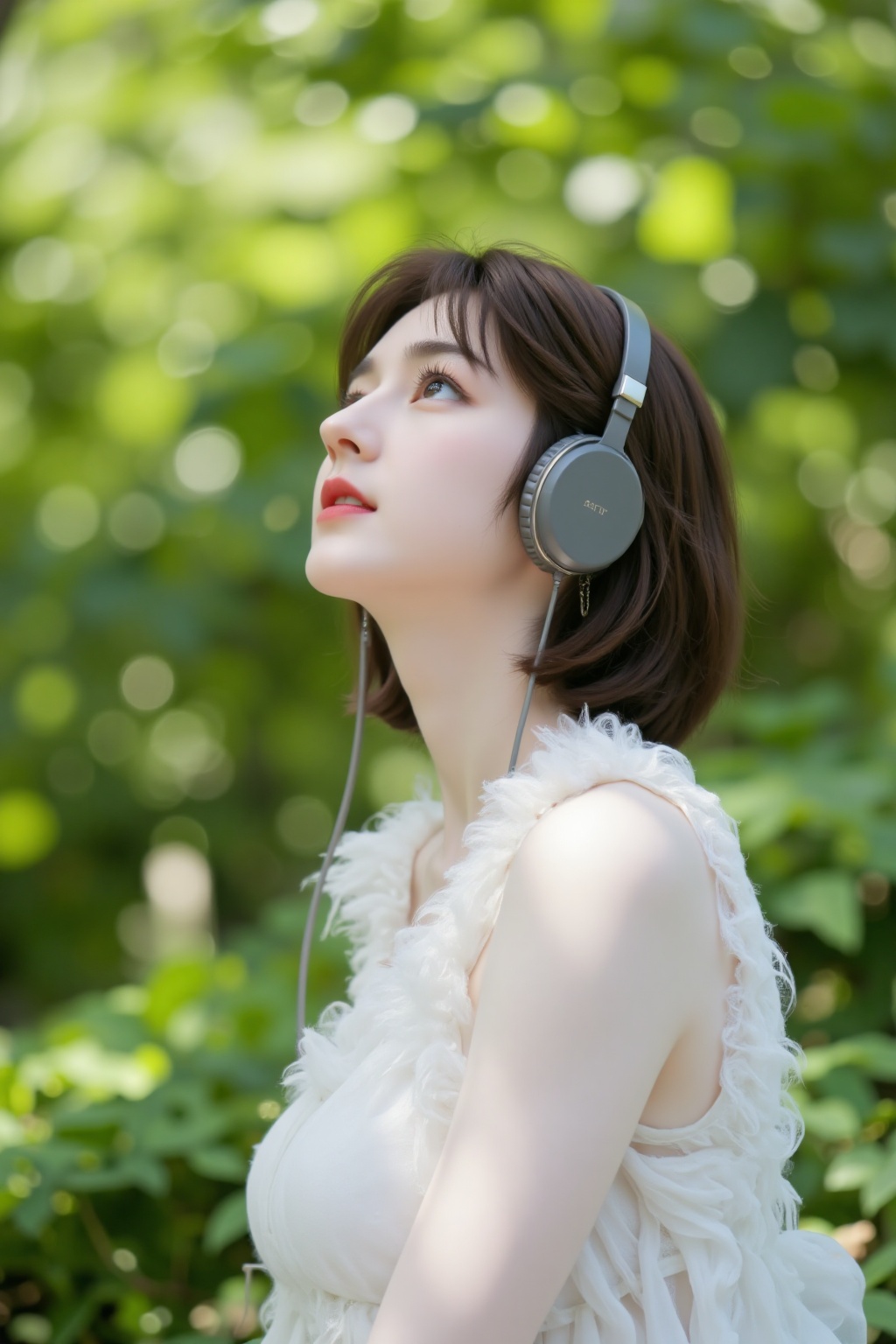 SFns,young Asian women,a serene moment of an individual immersed in music,as suggested by the headphones gently resting on their ears. The person is profiled against a soft-focus backdrop of lush greenery,with sunlight filtering through the foliage to create a dreamy bokeh effect. Shadows play across their delicate white attire,which appears airy and comfortable,perfectly suited for a tranquil outdoor setting. The subject's short hair frames a face turned slightly upwards,as if lost in thought or feeling the rhythm,evoking a sense of peaceful introspection.,