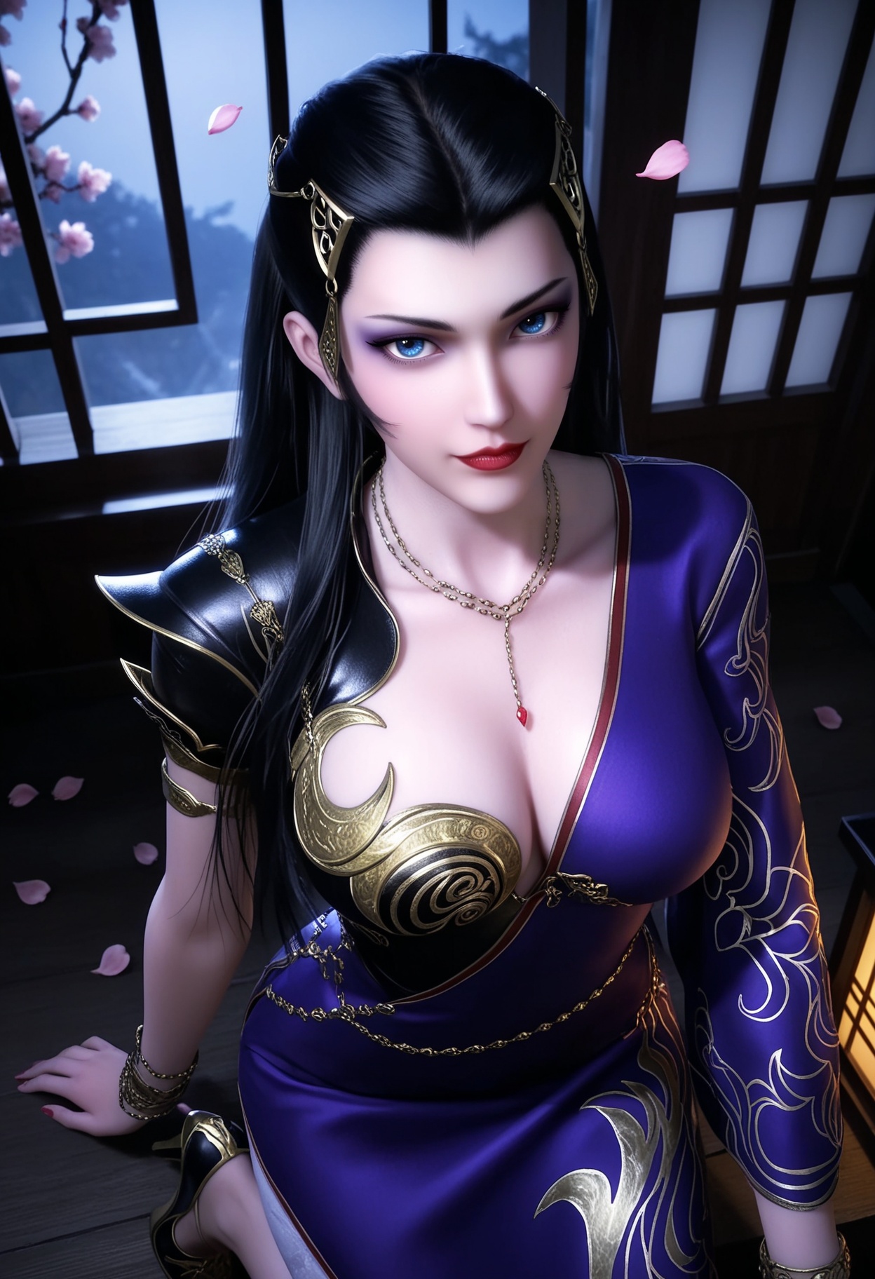 masterpiece,best quality,amazing quality,very aesthetic,high resolution,ultra-detailed,absurdres,scenery,photorealistic,(looking at viewer:1.1),(upper body:1.1),(Dark room:1.3),(moody lighting:1.1),peach blossom,falling petals,large breasts,xinyuekui,1girl,solo,black hair,long hair,jewelry,hair ornament,blue eyes,necklace,red lips,makeup,realistic,dress,bracelet,purple dress,single sleeve,high heels BREAK photorealistic details,<lora:QQSillxinyuekuiV1:0.8>,