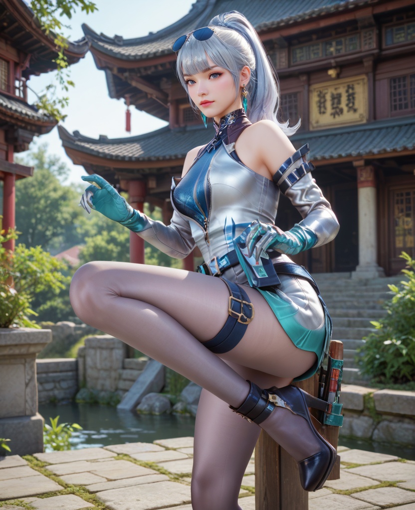 (oriental architecture, elegant decor, sophisticated style:1.1),(wrapping arms around legs:1.1),(breasts:1.2),<lora:XL16穿越火线王者雾蒙蒙保卫者:0.95>,miss wumengmeng,short silver dress,blue corset,silver hair,ponytail,long hair,sunglasses,earrings,elbow gloves,belt,holstered,pantyhose,black heels,, score_9,score_8_up,score_7_up,score_6_up,score_5_up,score_4_up,3d rendering,tag1,tag2, Cinematic Lighting,backlighting,, zPDXL3, zPDXL2,zPDXL, zPDXLxxx, zPDXLrl,