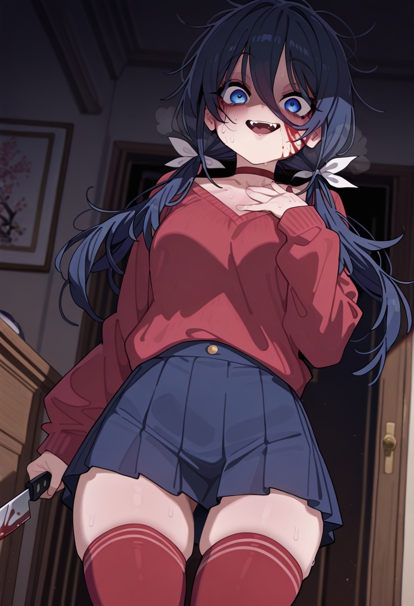 crazy mita \(miside\) blue eyes,  low twintails,  dark blue hair on Tensor.Art