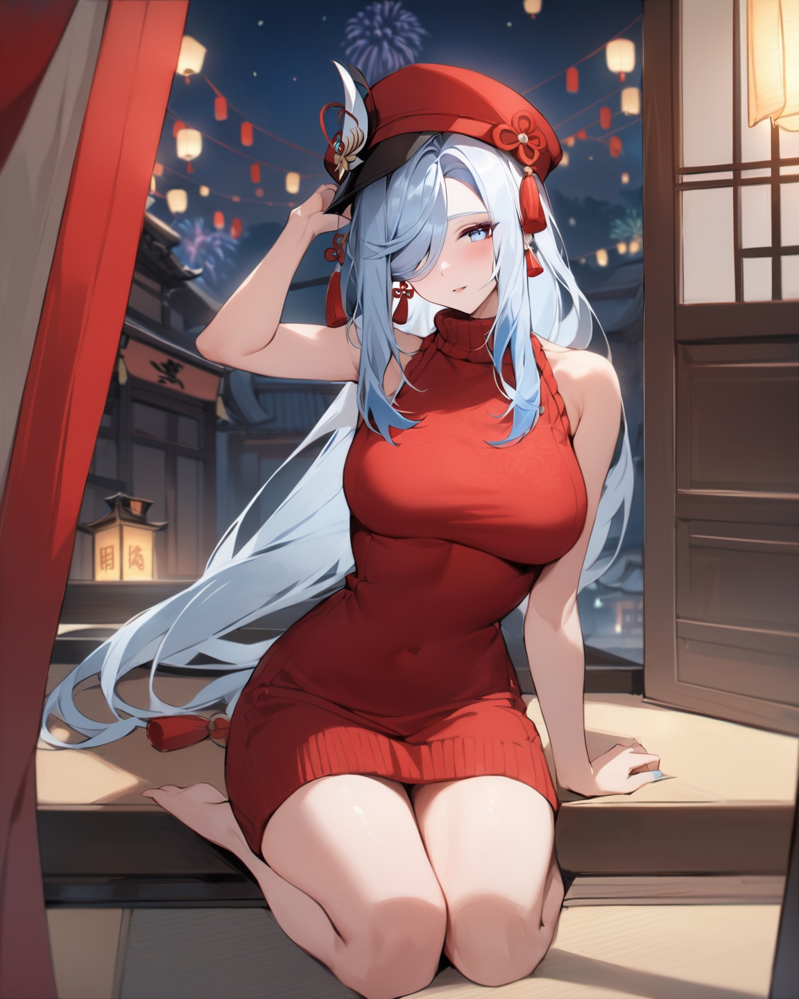 <lora:原神申鹤60XL_v10:0.8>,full body+shenhe,genshin impact,A mature woman,solo,long hair,(headwear:1.3),blue eyes,looking at the audience,tassel earrings,hair covering one eye,bangs,virgin_killer_sweater,Cheongsam + Chinese New Year + lanterns + fireworks + open screen,, masterpiece, best quality