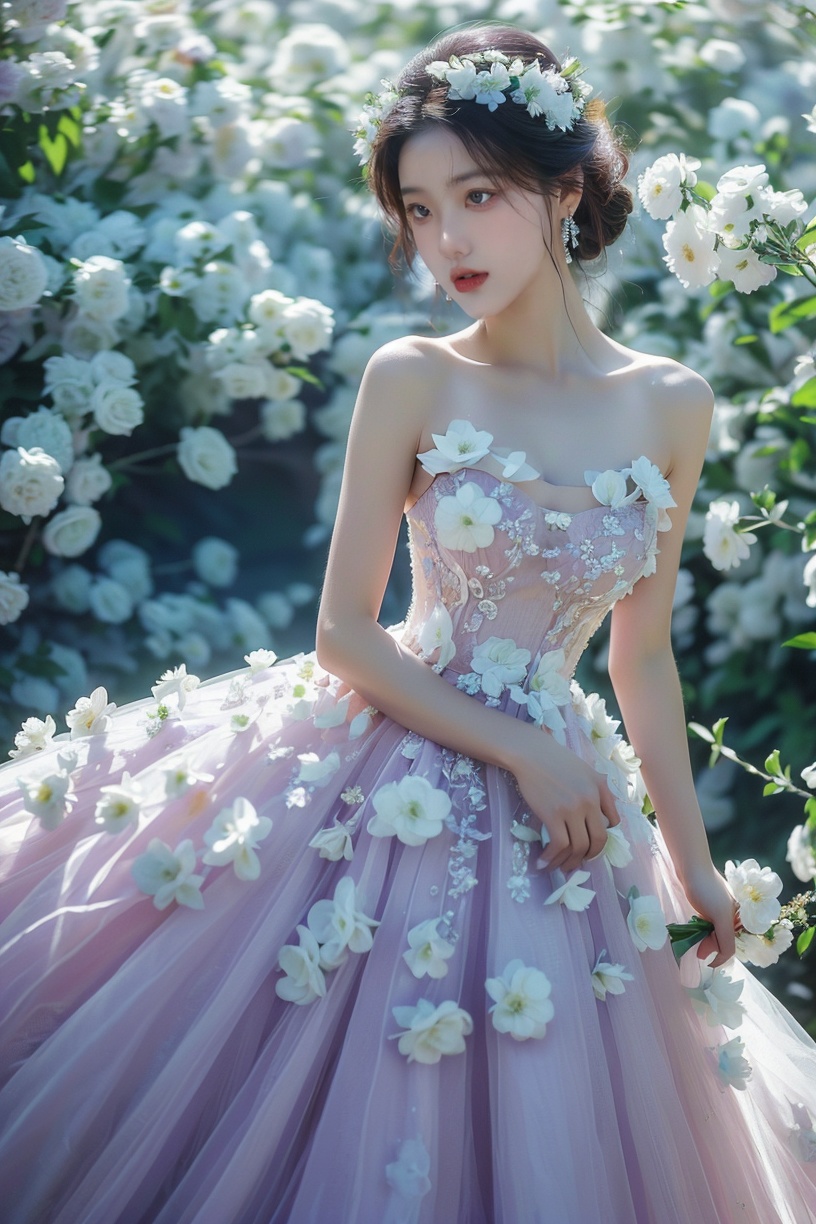 (best quality, masterpiece:1.3),1girl,dress,solo,flower,white flower,breasts,earrings,black hair,cleavage, (looking_at_viewer:1.4),(eye-contact:1.4), jewelry: spring_flower, (Purple wedding dress:1.4), Tindal Light, <lora:YG花海:0.7>,