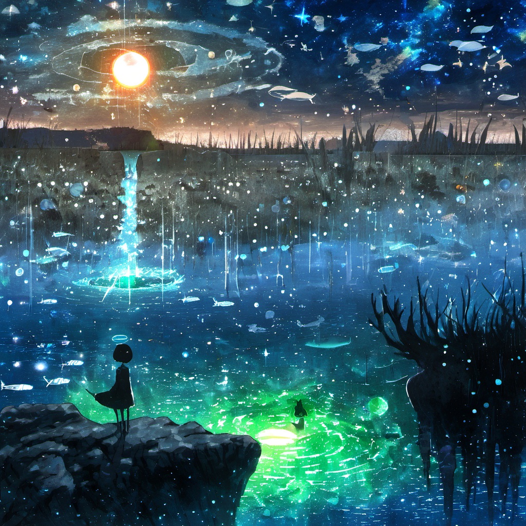 <lora:star_xl_v2:1>,a painting of a deer standing in the middle of a field with stars and a sky filled with stars, 1girl, solo, short hair, dress, outdoors, sky, cloud, water, night, glowing, halo, moon, star \(sky\), night sky, scenery, starry sky, city, fantasy, horizon, cityscape, surreal, city lights, whale, black hair, standing, building, fish, The image portrays a surreal and vibrant cosmic scene. Dominating the center is a radiant blue celestial body, possibly a star or a planet, surrounded by a myriad of stars, nebulae, and other cosmic elements. Above this, there's a vast expanse of space filled with stars, and a few celestial bodies, including a moon or planet, can be seen. The foreground features a landscape that appears to be a mix of rocky terrain and water. There are two figures in the foreground: one is a child with a glowing green aura, standing on a rock, and the other is a small creature with a greenish hue, floating near the water. The entire scene is bathed in a soft, ethereal light, creating a dreamlike atmosphere.
