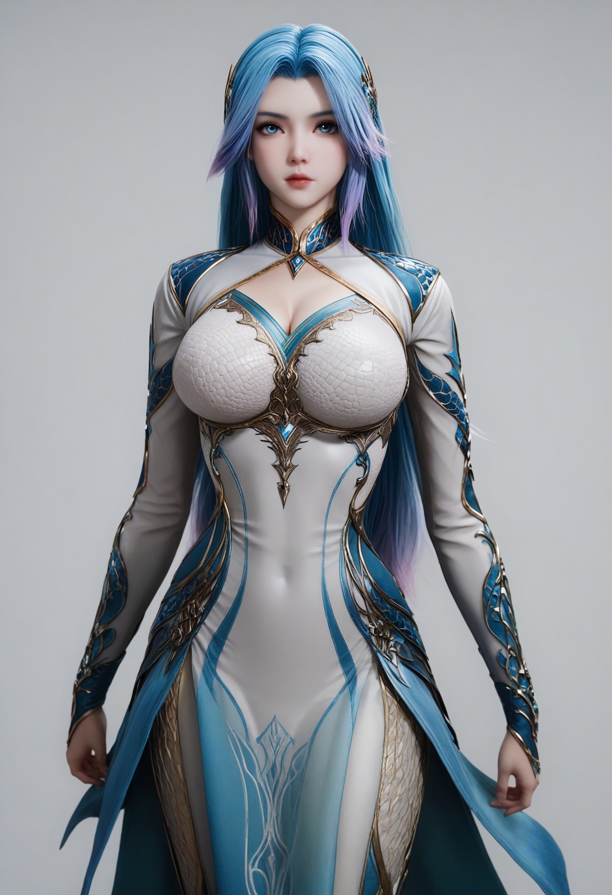 score_9,<lora:SF_WangQiuEr_Pony_Realism2.3-000004:0.7>,1girl,solo,armor,large breasts,blue hair,blue eyes,hair ornament,standing,long hair,gradient hair,two-tone hair,fair_skin,white_skin,Ivory_skin,looking at viewer,white background,