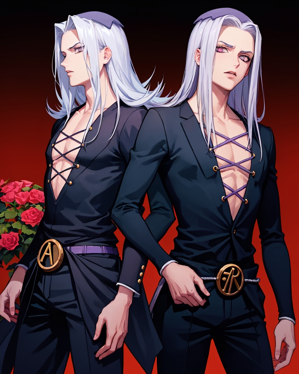 masterpiece,best quality, highly detailed, leone abbacchio,striped pants, hat, 2boys, male focus, rose, black sclera, stand (jojo), purple flower,<lora:leone_abbacchio:1>